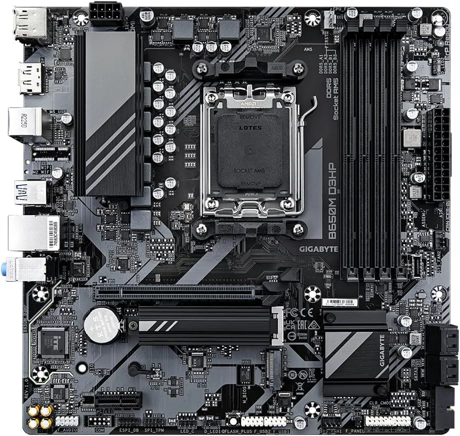 مادربرد گیگابایت B650M D3HP - پشتیبانی از پردازنده های AMD Ryzen 7000، دارای VRM دیجیتال 15+2+2 فاز، پشتیبانی از DDR5 تا 7600 مگاهرتز (OC)، دارای 2 اسلات PCIe 4.0 M2، شبکه 2.5GbE LAN، USB 3.2 Gen 1