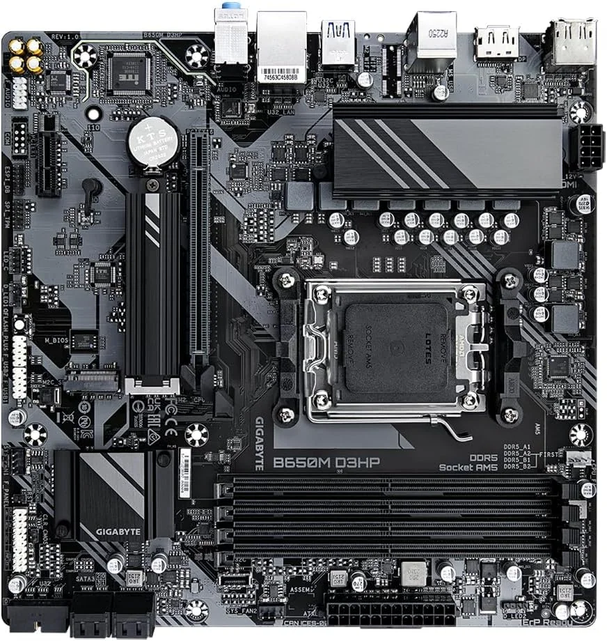 مادربرد گیگابایت B650M D3HP - پشتیبانی از پردازنده های AMD Ryzen 7000، دارای VRM دیجیتال 15+2+2 فاز، پشتیبانی از DDR5 تا 7600 مگاهرتز (OC)، دارای 2 اسلات PCIe 4.0 M2، شبکه 2.5GbE LAN، USB 3.2 Gen 1