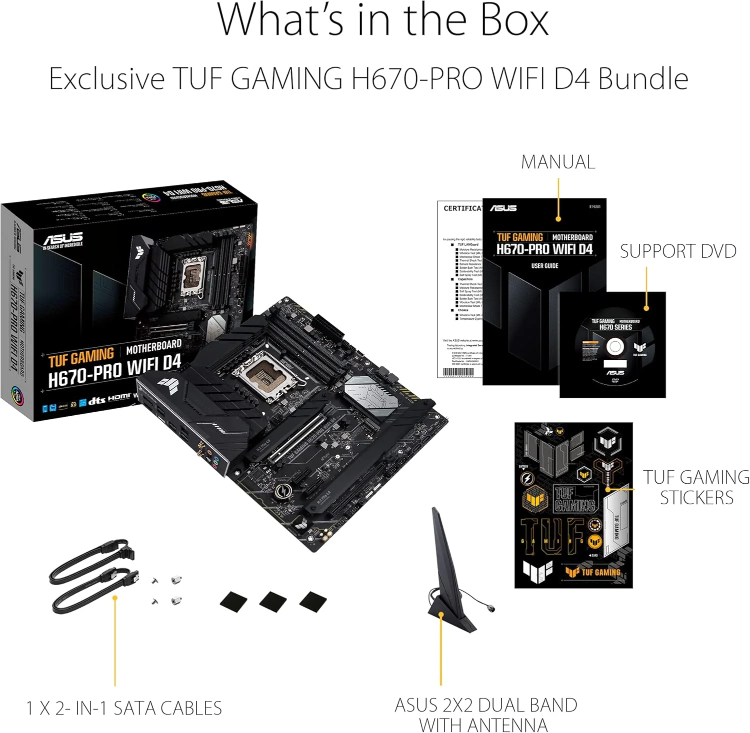مادربرد ایسوس TUF GAMING H670-PRO WIFI D4 Intel® H670 (LGA 1700) ATX با اسلات PCIe 5.0، چهار اسلات PCIe 4.0 M.2، 14+1 DrMOS، Intel® 2.5Gb Ethernet، HDMI، USB 3.2 Gen 1 Type-C جلویی