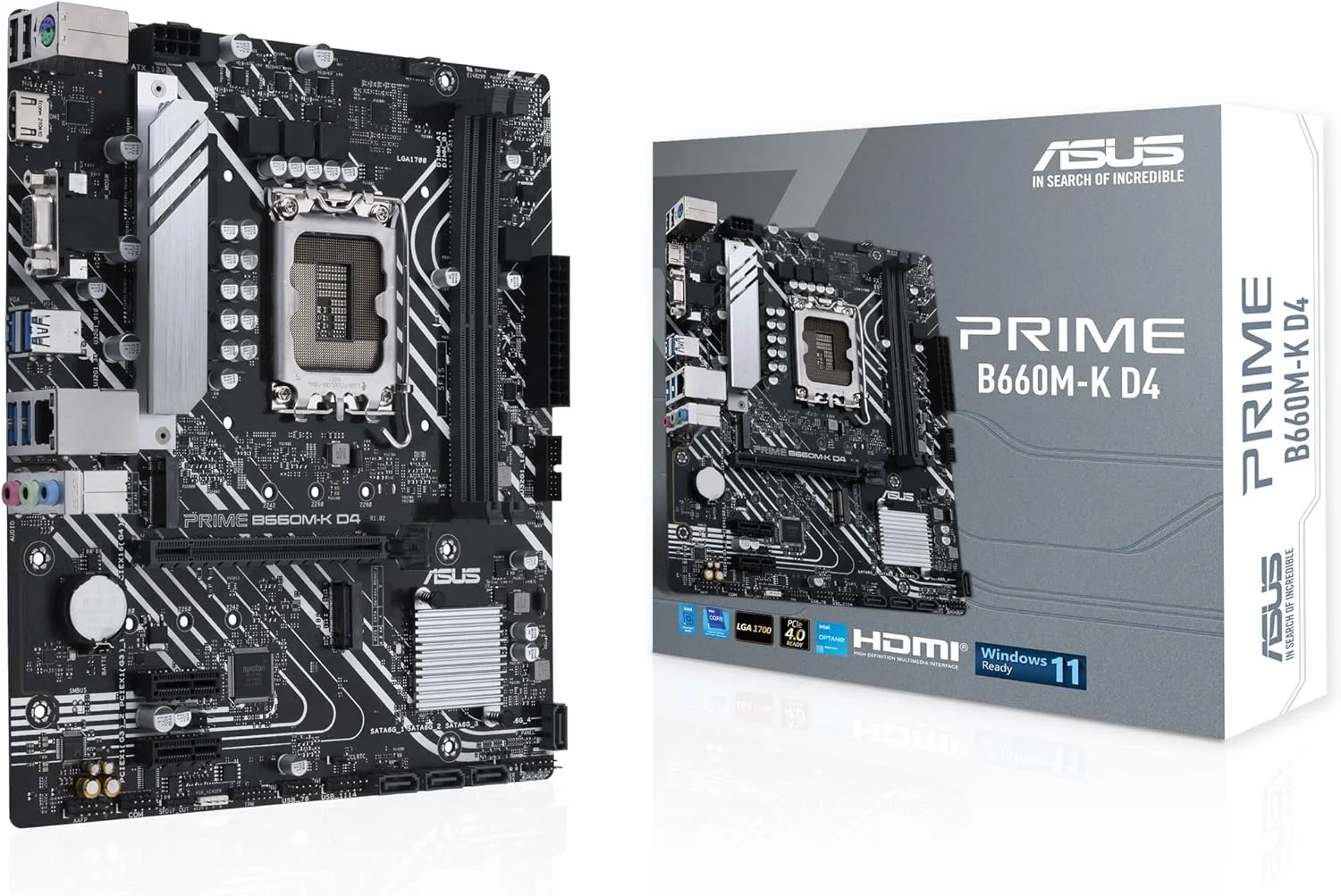 مادربرد ایسوس پرایم B660M K D4 اینتل B660 Lga 1700 Matx با Pcie 4.0، دو اسلات M.2، DDR4، HDMI، D Sub، Realtek 1GB Ethernet، USB 3.2 Gen 1 جلویی، کنترل نورپردازی ایسوس مشکی، ASUCMPB660MK0