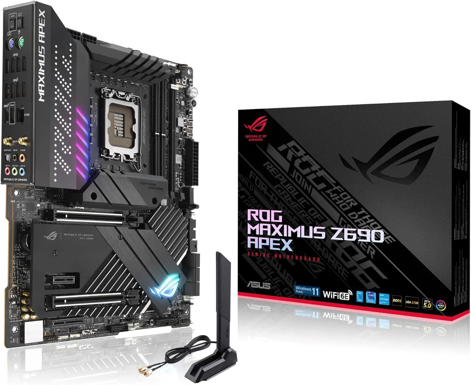 مادربرد گیمینگ ایسوس ROG Maximus Z690 Apex Intel Lga 1700 Atx، دارای 24+0 مرحله قدرت، Pcie 5.0، Wifi 6E، اترنت 2.5 گیگابایتی، پنج M.2 با هیت سینک پشتی، Thunderbolt 4 و Aura Sync