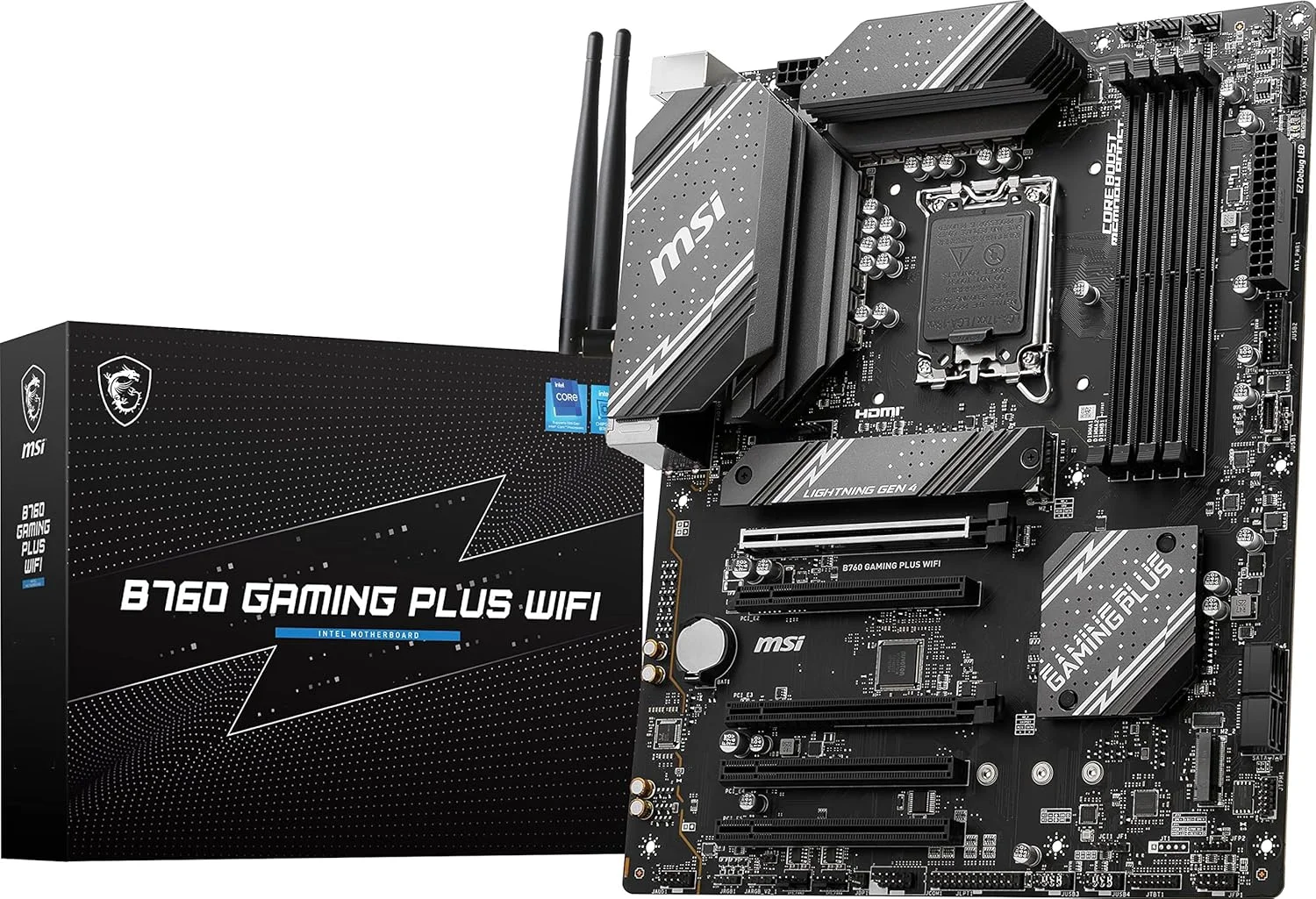 مادربرد گیمینگ MSI B760 Gaming Plus WiFi (پشتیبانی از پردازنده‌های نسل 12/13/14 اینتل، LGA 1700، DDR5، PCIe 4.0، M.2، LAN 2.5 گیگابیتی، USB 3.2 Gen2، HDMI/DP، Wi-Fi 6E، بلوتوث 5.3، ATX)