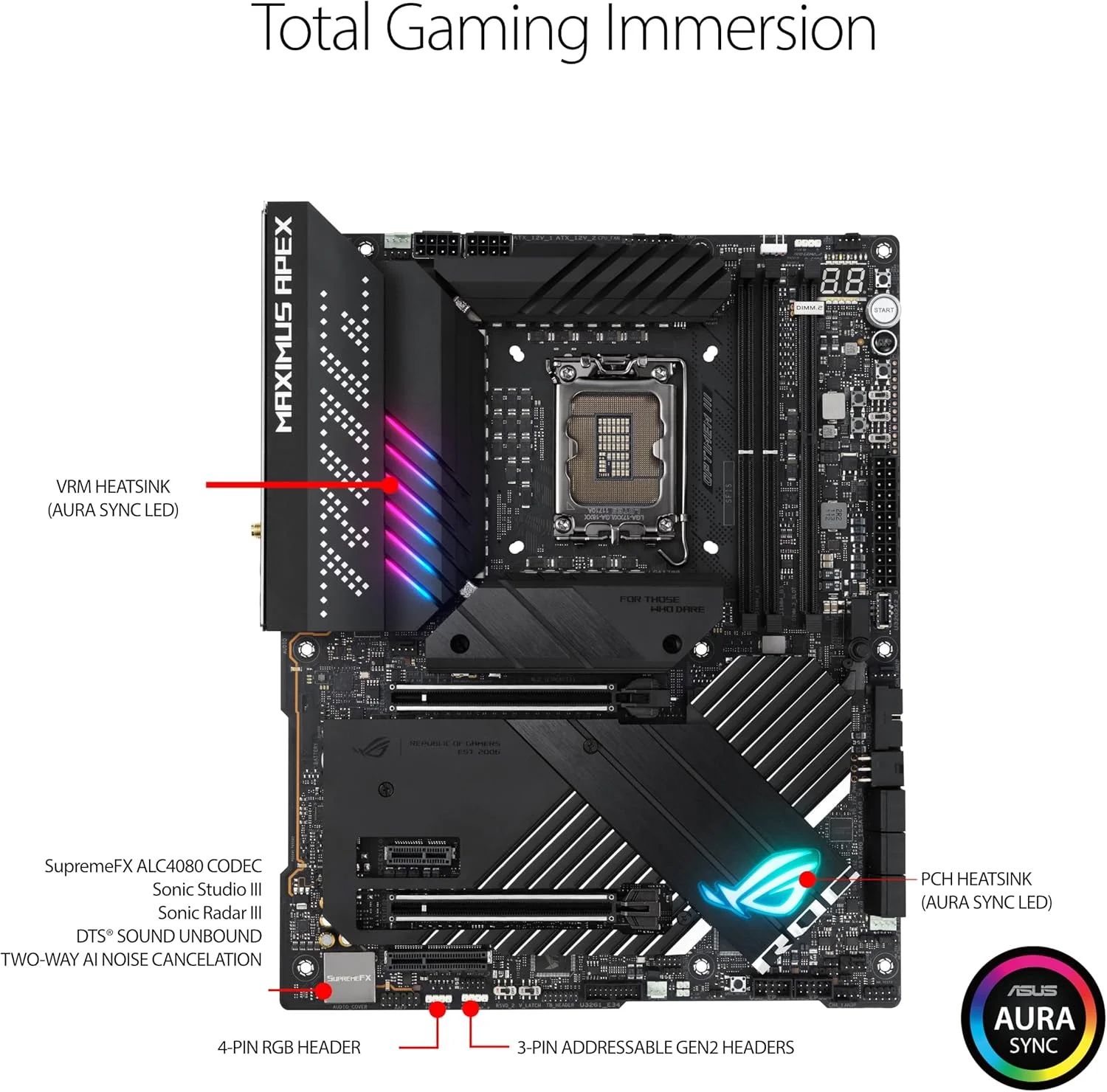 مادربرد گیمینگ ایسوس ROG Maximus Z690 Apex Intel Lga 1700 Atx، دارای 24+0 مرحله قدرت، Pcie 5.0، Wifi 6E، اترنت 2.5 گیگابایتی، پنج M.2 با هیت سینک پشتی، Thunderbolt 4 و Aura Sync