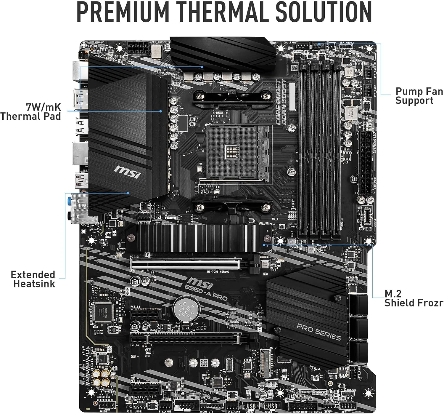 مادربرد ام اس آی MSI B550-A PRO AM4 ATX AMD با پشتیبانی از رم 4400+ مگاهرتز OC تا 128 گیگابایت، SATA 6Gb/s، 2 اسلات M.2 و PCB مسی - مشکی (911-7C56-023)