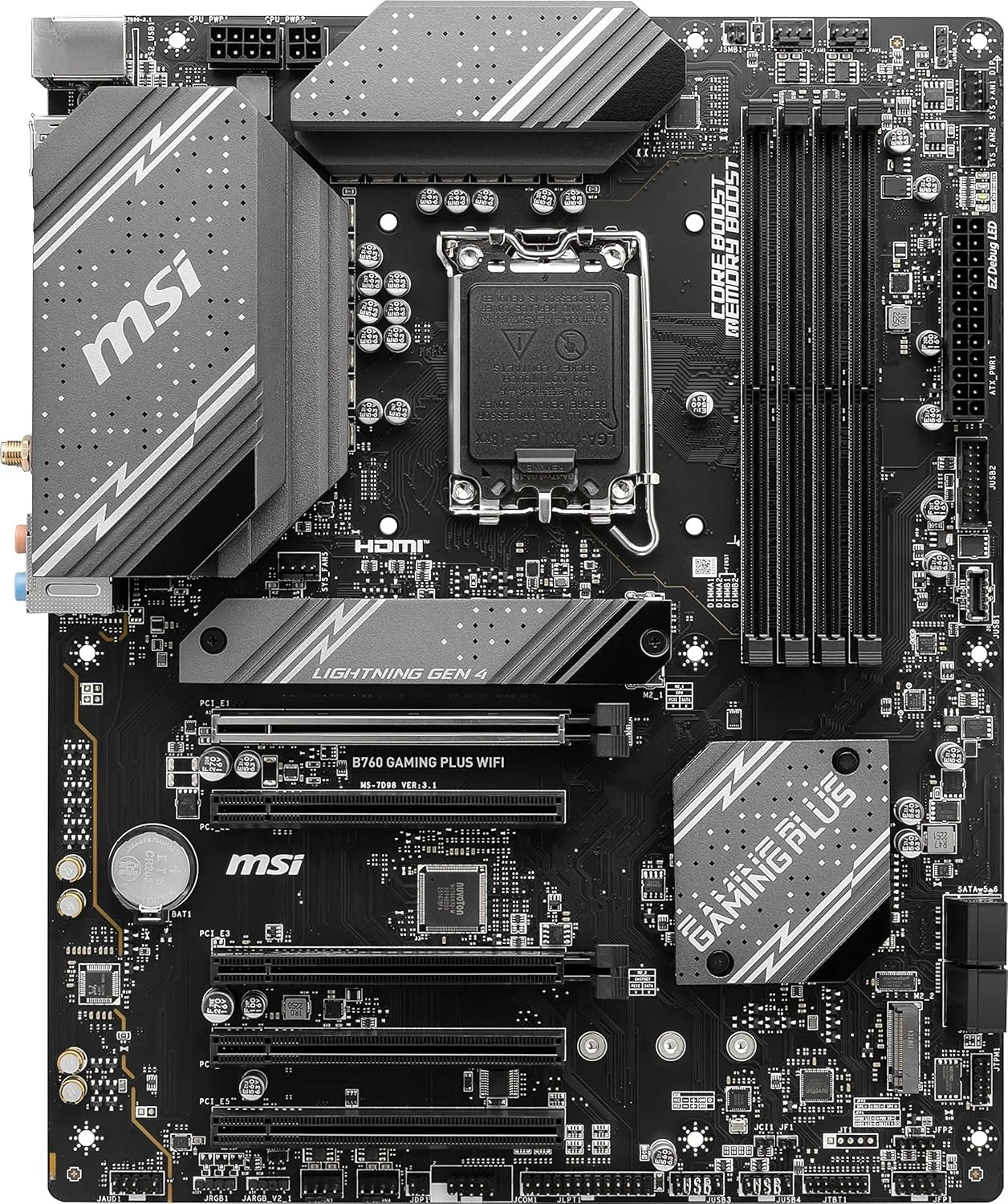 مادربرد گیمینگ MSI B760 Gaming Plus WiFi (پشتیبانی از پردازنده‌های نسل 12/13/14 اینتل، LGA 1700، DDR5، PCIe 4.0، M.2، LAN 2.5 گیگابیتی، USB 3.2 Gen2، HDMI/DP، Wi-Fi 6E، بلوتوث 5.3، ATX)
