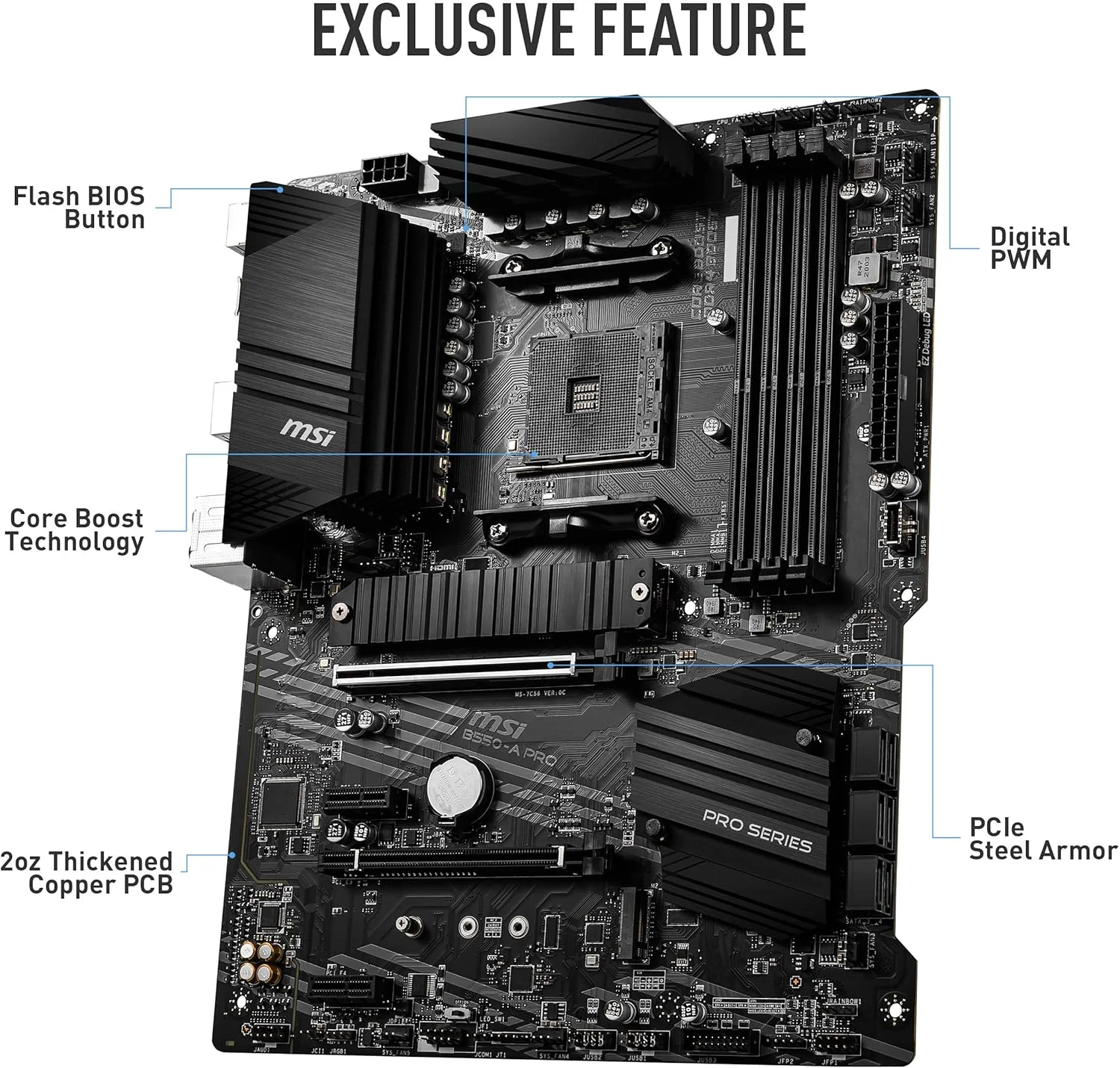 مادربرد ام اس آی MSI B550-A PRO AM4 ATX AMD با پشتیبانی از رم 4400+ مگاهرتز OC تا 128 گیگابایت، SATA 6Gb/s، 2 اسلات M.2 و PCB مسی - مشکی (911-7C56-023)
