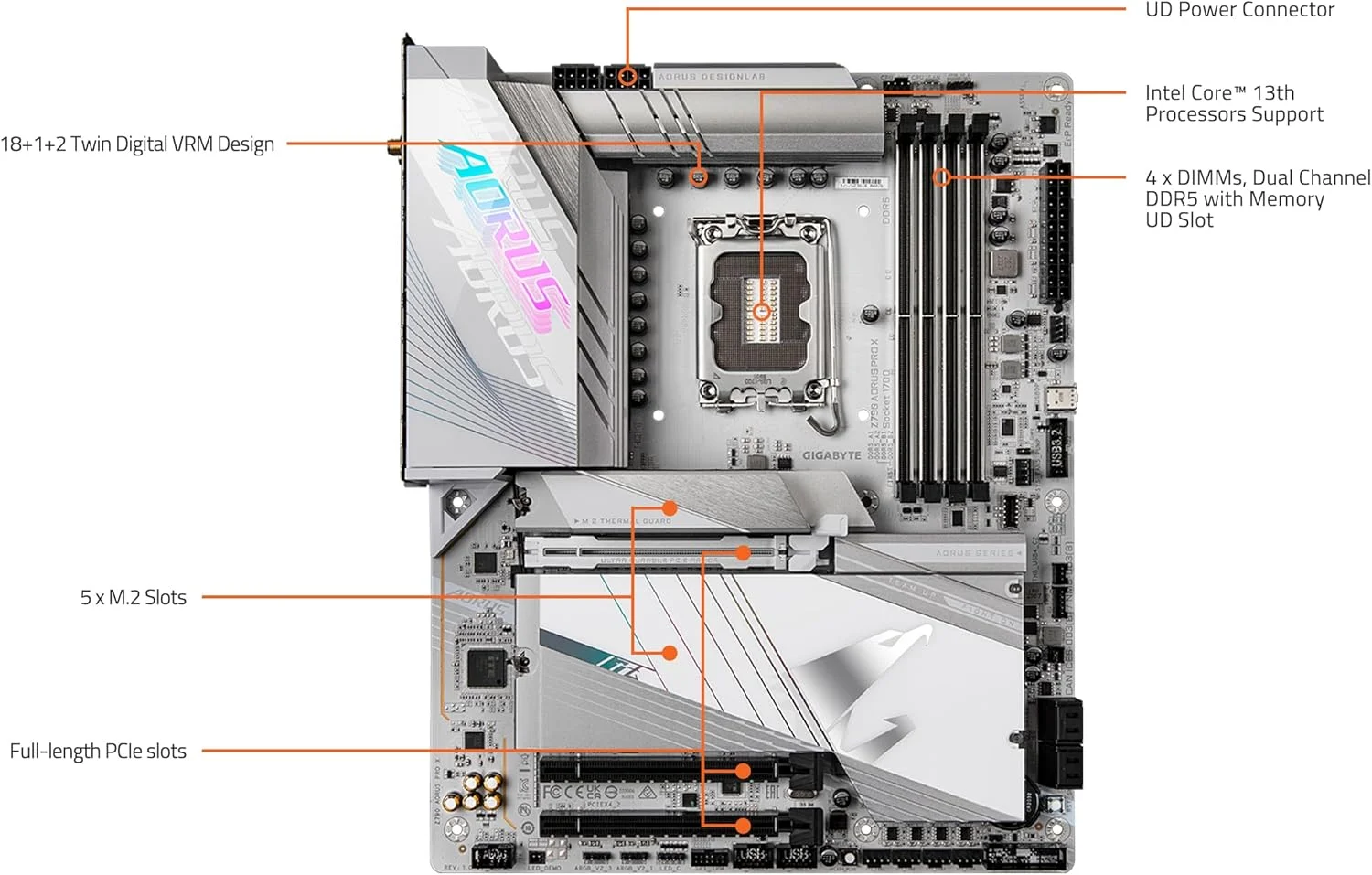 مادربرد GIGABYTE Z790 AORUS PRO X (LGA 1700/ Intel/ Z790 X/ATX/ DDR5/ 5* M.2/ PCIe 5.0/ USB 3.2 Type-C/Wi-Fi 7/ 5GbE LAN/Q-Flash Plus/EZ-Latch Plus)