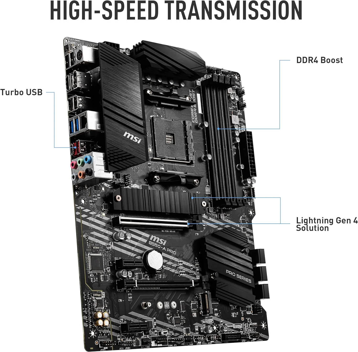 مادربرد ام اس آی MSI B550-A PRO AM4 ATX AMD با پشتیبانی از رم 4400+ مگاهرتز OC تا 128 گیگابایت، SATA 6Gb/s، 2 اسلات M.2 و PCB مسی - مشکی (911-7C56-023)
