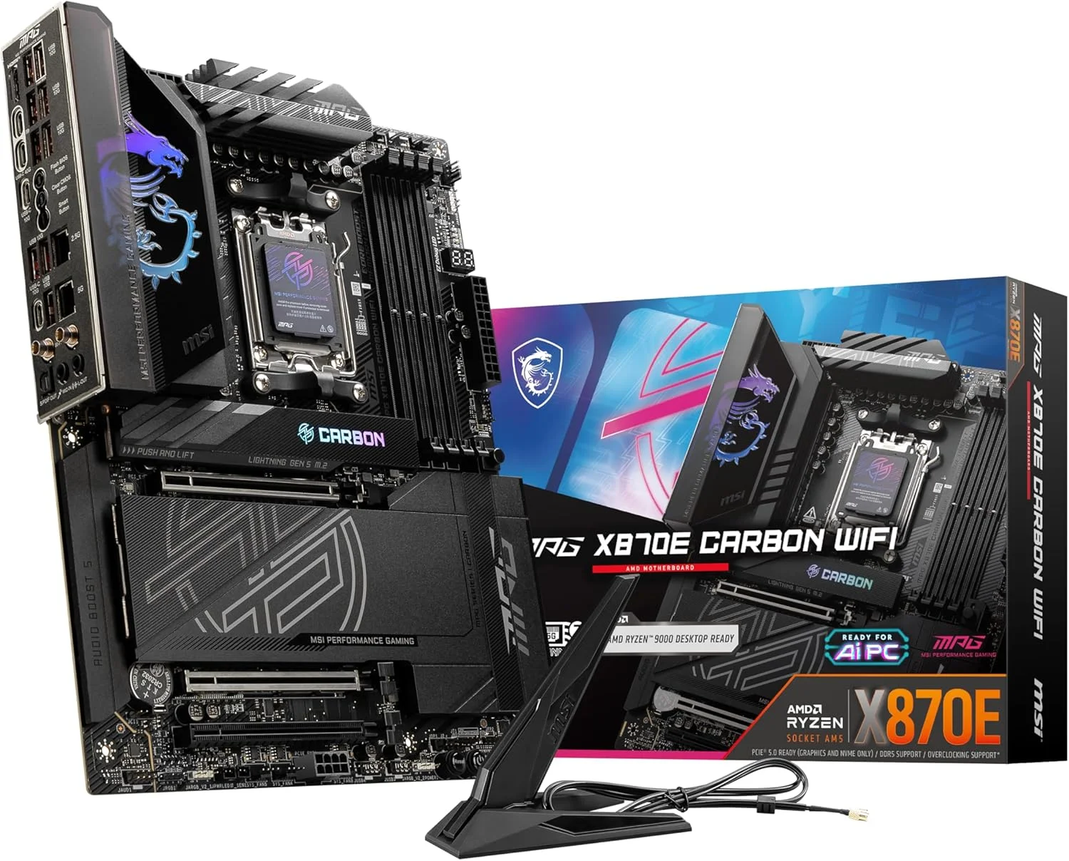 مادربرد گیمینگ MSI MPG X870E Carbon WiFi (پردازنده های سری AMD Ryzen 9000/8000/7000، سوکت AM5، DDR5، PCIe 5.0، M.2 Gen5، SATA 6Gb/s، USB 40Gbps، HDMI، Wi-Fi 7، بلوتوث 5.4، LAN 5Gbps، ATX)