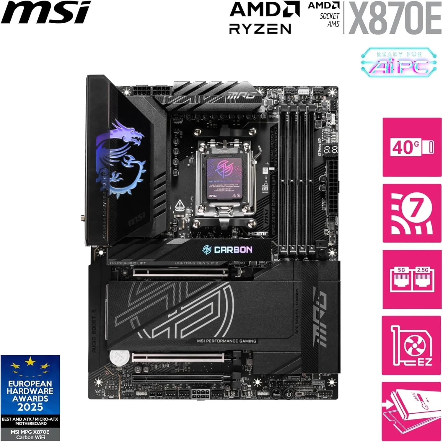 مادربرد MSI MPG X870E CARBON WIFI AM5 DDR5 8400MHZ(OC) USB4 4x M.2 HDMI 5G LAN 2.5G LAN WIFI 7 RGB ATX