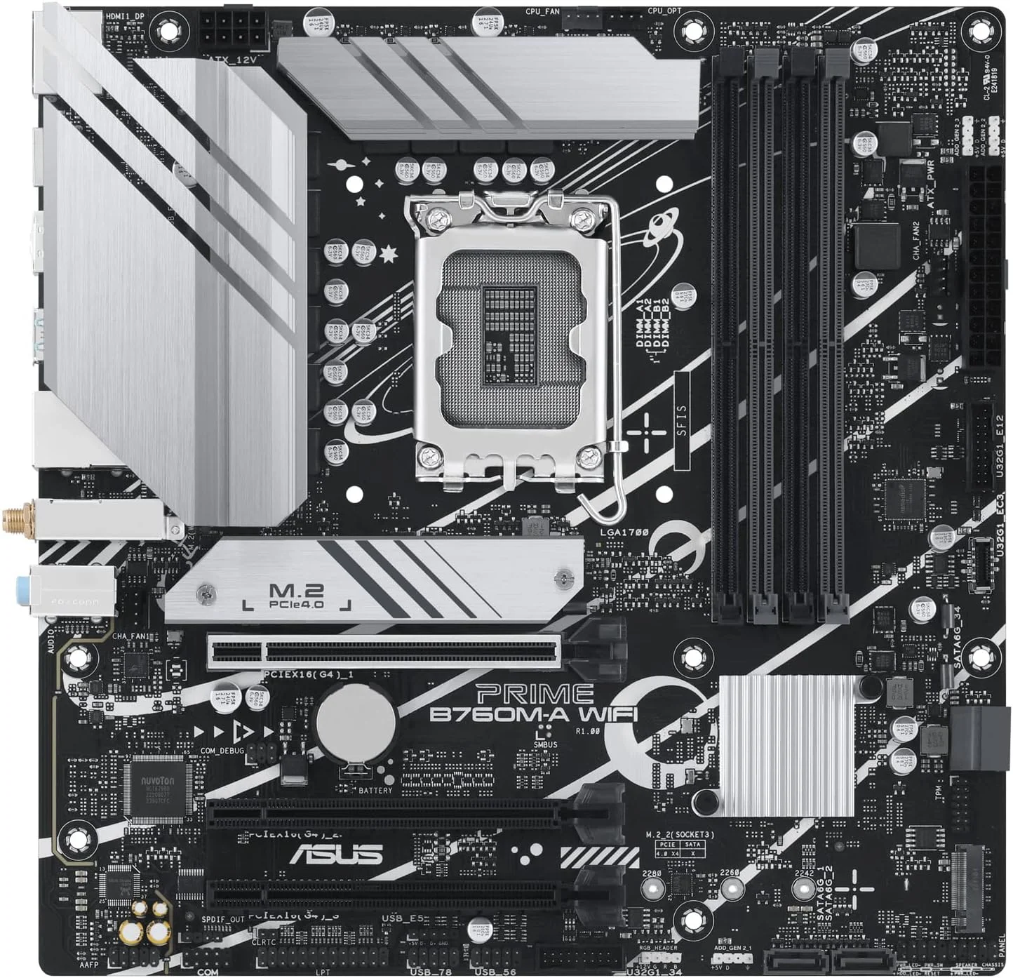 مادربرد ایسوس PRIME B760M-A WIFI، اینتل B760، سوکت 1700، Micro ATX، چهار اسلات DDR5، دو پورت HDMI، DisplayPort، Wi-Fi 6، شبکه 2.5G LAN، PCIe4، دو اسلات M.2