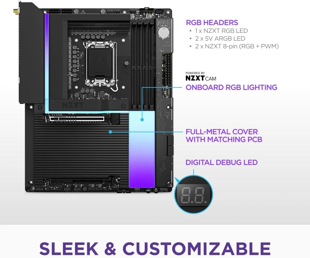 مادربرد گیمینگ NZXT N9 Z890 - Intel Z890 LGA 1851 ATX برای Core Ultra (سری 2) - 20+1+1، DDR5، 5X M.2، PCIe 5.0، Wi-Fi 7، 5GbE، Thunderbolt 4 - RGB، پوشش فلزی کامل - مشکی