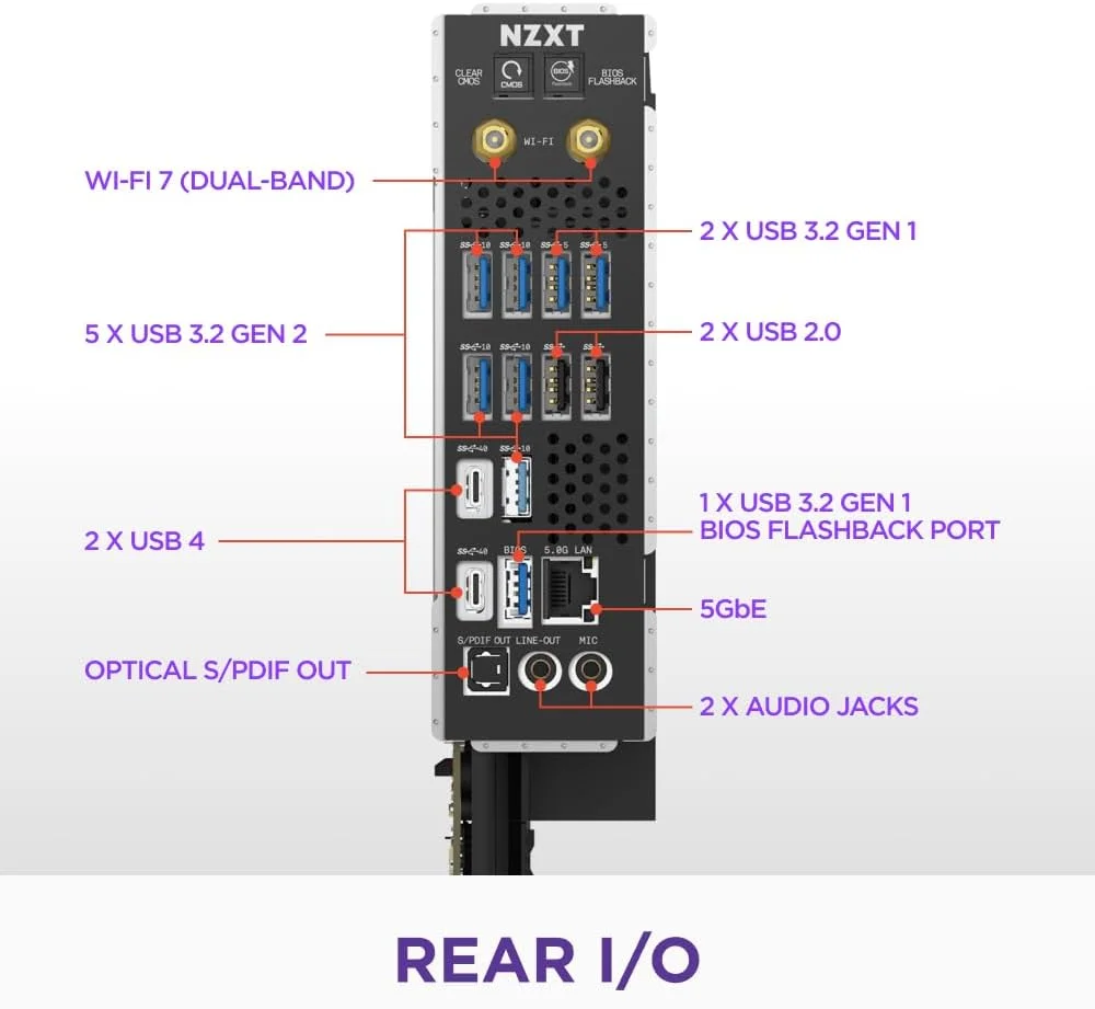 مادربرد گیمینگ NZXT N9 X870E - AMD X870E AM5 ATX برای پردازنده‌های Ryzen 9000/8000/7000 - 20+2+1 فاز، DDR5، 4X M.2، PCIe 5.0، Wi-Fi 7، 5GbE، USB 4 - پوشش فلزی کامل، بست‌های رهاسازی سریع M.2 - مشکی