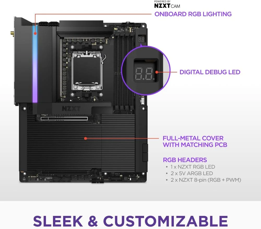 مادربرد گیمینگ NZXT N9 X870E - AMD X870E AM5 ATX برای پردازنده‌های Ryzen 9000/8000/7000 - 20+2+1 فاز، DDR5، 4X M.2، PCIe 5.0، Wi-Fi 7، 5GbE، USB 4 - پوشش فلزی کامل، بست‌های رهاسازی سریع M.2 - مشکی