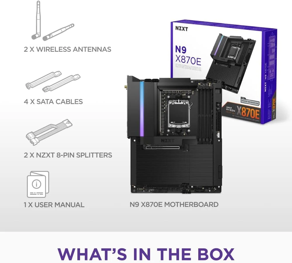 مادربرد گیمینگ NZXT N9 X870E - AMD X870E AM5 ATX برای پردازنده‌های Ryzen 9000/8000/7000 - 20+2+1 فاز، DDR5، 4X M.2، PCIe 5.0، Wi-Fi 7، 5GbE، USB 4 - پوشش فلزی کامل، بست‌های رهاسازی سریع M.2 - مشکی