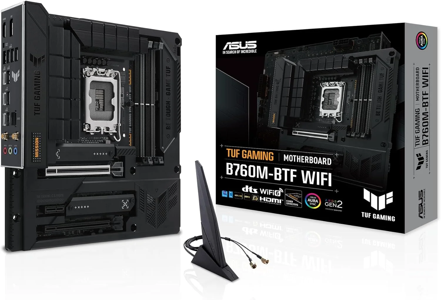 مادربرد TUF GAMING B760M-BTF WIFI Intel B760 (LGA 1700) mATX با DDR5، PCIe 5.0، 3 اسلات PCIe 4.0 M.2، 12+1 DrMOS، Wi-Fi 6، LAN 2.5Gb، DP، HDMI، USB 3.2 Gen 2x2 Type-C، طراحی کانکتور مخفی