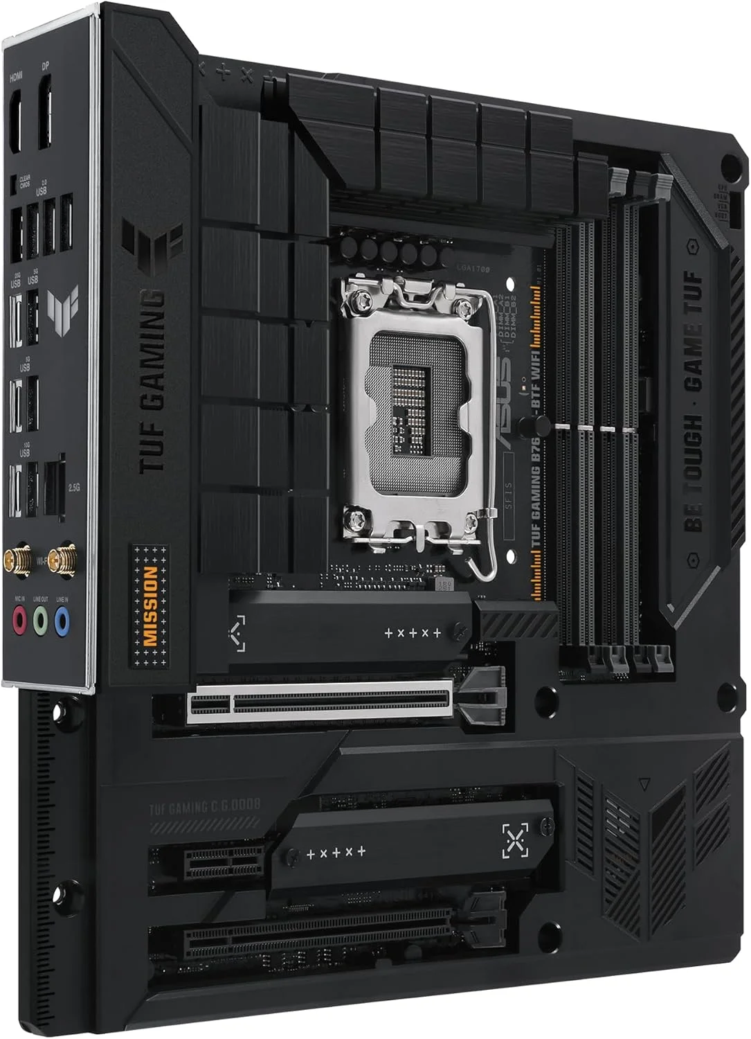 مادربرد TUF GAMING B760M-BTF WIFI Intel B760 (LGA 1700) mATX با DDR5، PCIe 5.0، 3 اسلات PCIe 4.0 M.2، 12+1 DrMOS، Wi-Fi 6، LAN 2.5Gb، DP، HDMI، USB 3.2 Gen 2x2 Type-C، طراحی کانکتور مخفی