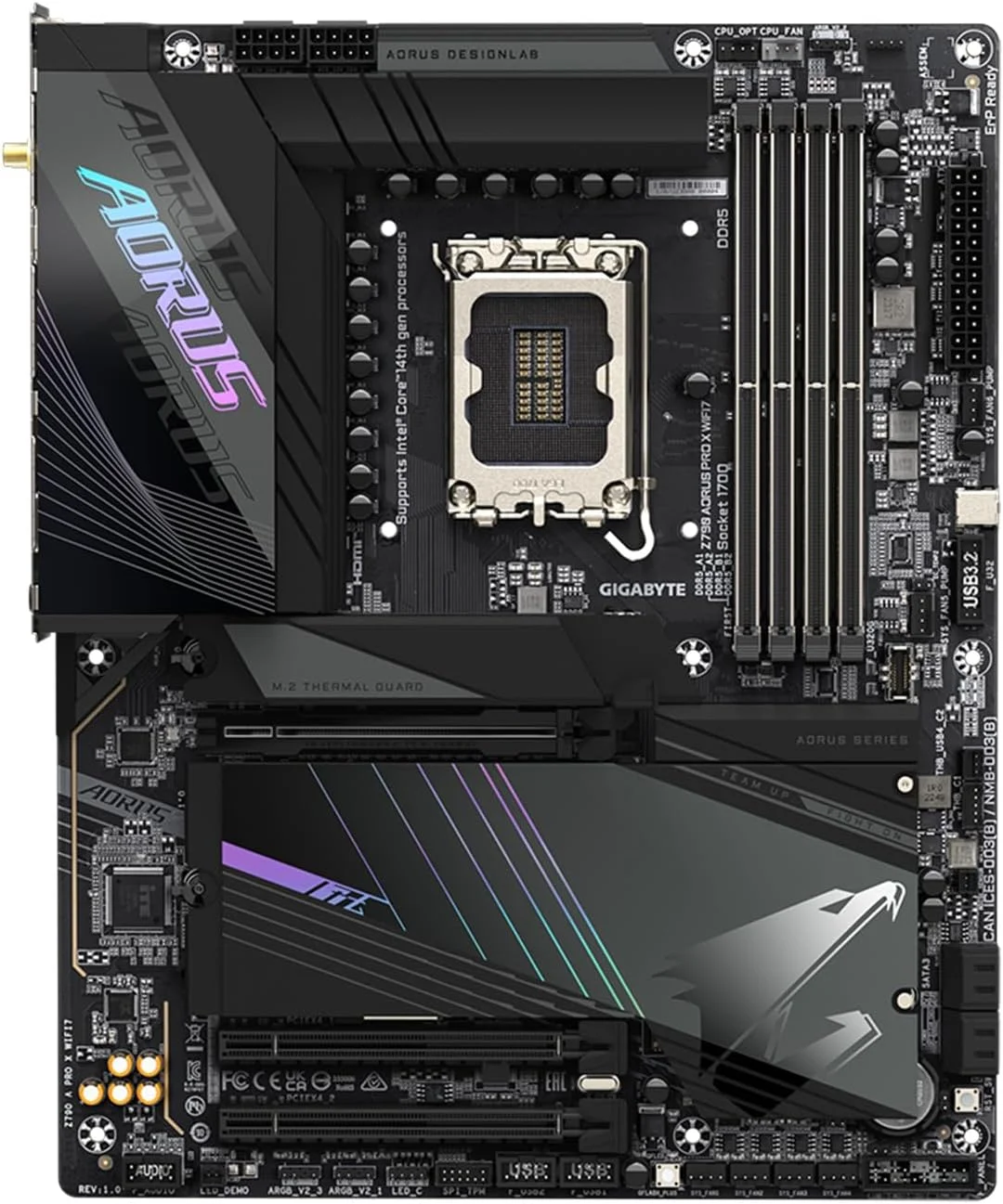 مادربرد GIGABYTE Z790 AORUS PRO X WIFI7 LGA 1700 Intel Z790 X ATX با DDR5، 5* M.2، PCIe 5.0، USB 3.2 Type-C، Wi-Fi 7، 5GbE LAN، Q-Flash Plus، EZ-Latch Plus