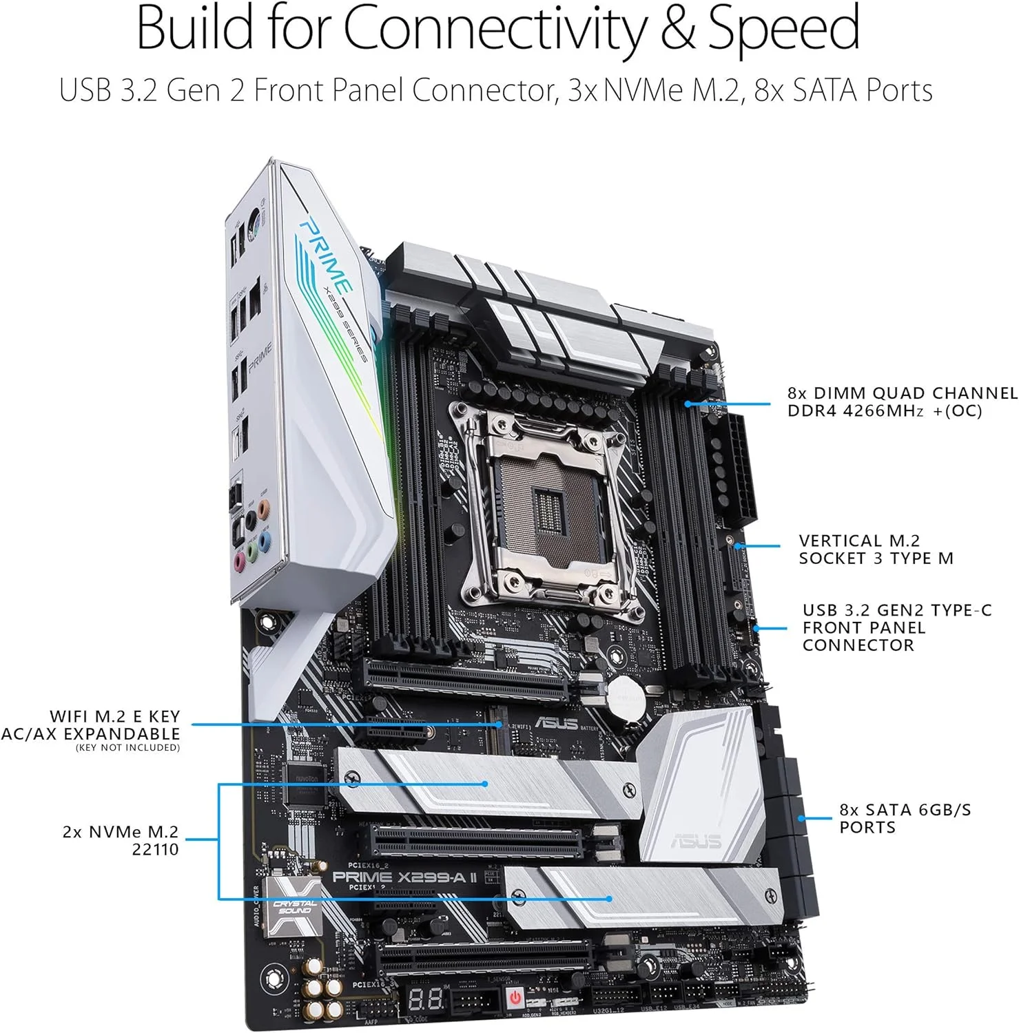 مادربرد ایسوس پرایم X299-A II ATX (اینتل X299) LGA 2066، دارای 12 مرحله قدرت IR3555، DDR4 4266 مگاهرتز، سه M.2، USB 3.2 Gen 2 Type-C، اینتل LAN و نورپردازی Aura Sync RGB