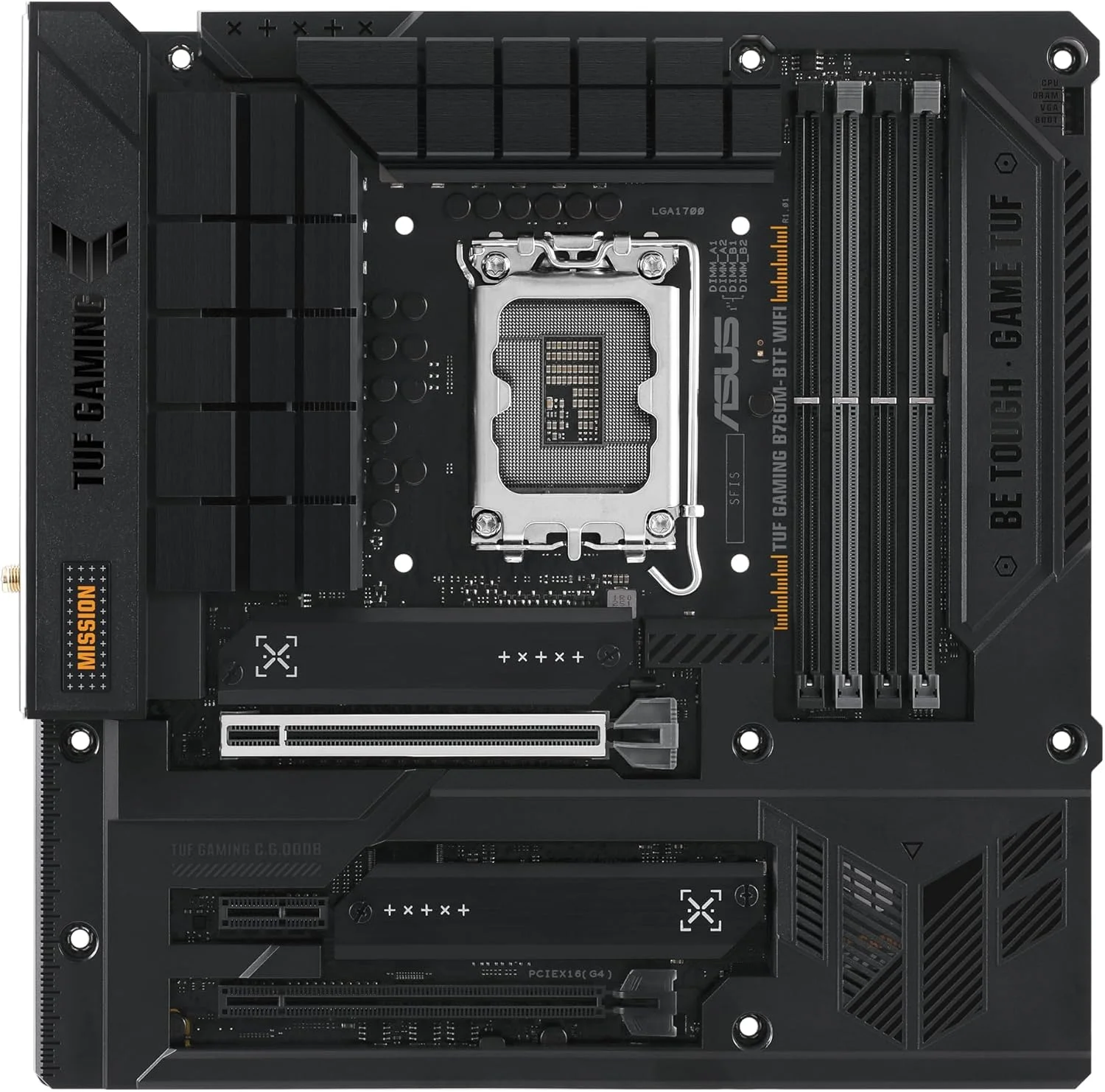 مادربرد TUF GAMING B760M-BTF WIFI Intel B760 (LGA 1700) mATX با DDR5، PCIe 5.0، 3 اسلات PCIe 4.0 M.2، 12+1 DrMOS، Wi-Fi 6، LAN 2.5Gb، DP، HDMI، USB 3.2 Gen 2x2 Type-C، طراحی کانکتور مخفی