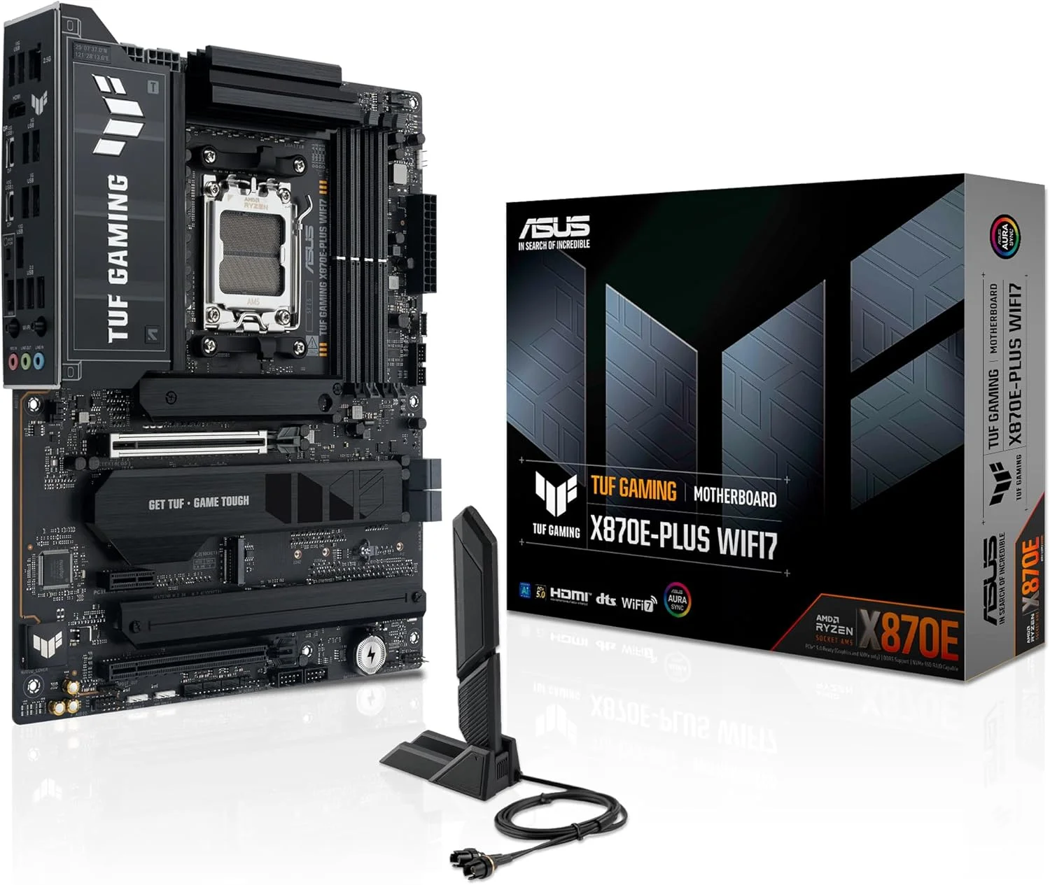 مادربرد گیمینگ TUF X870E-PLUS WIFI7 AMD X870E ATX با 16+2+1 فاز قدرت 80 آمپری، پشتیبانی از DDR5 با AEMP، PCIe 5.0 x16 با PCIe Slot Q-Release Slim، چهار اسلات M.2، WiFi 7 با آنتن ASUS WiFi Q
