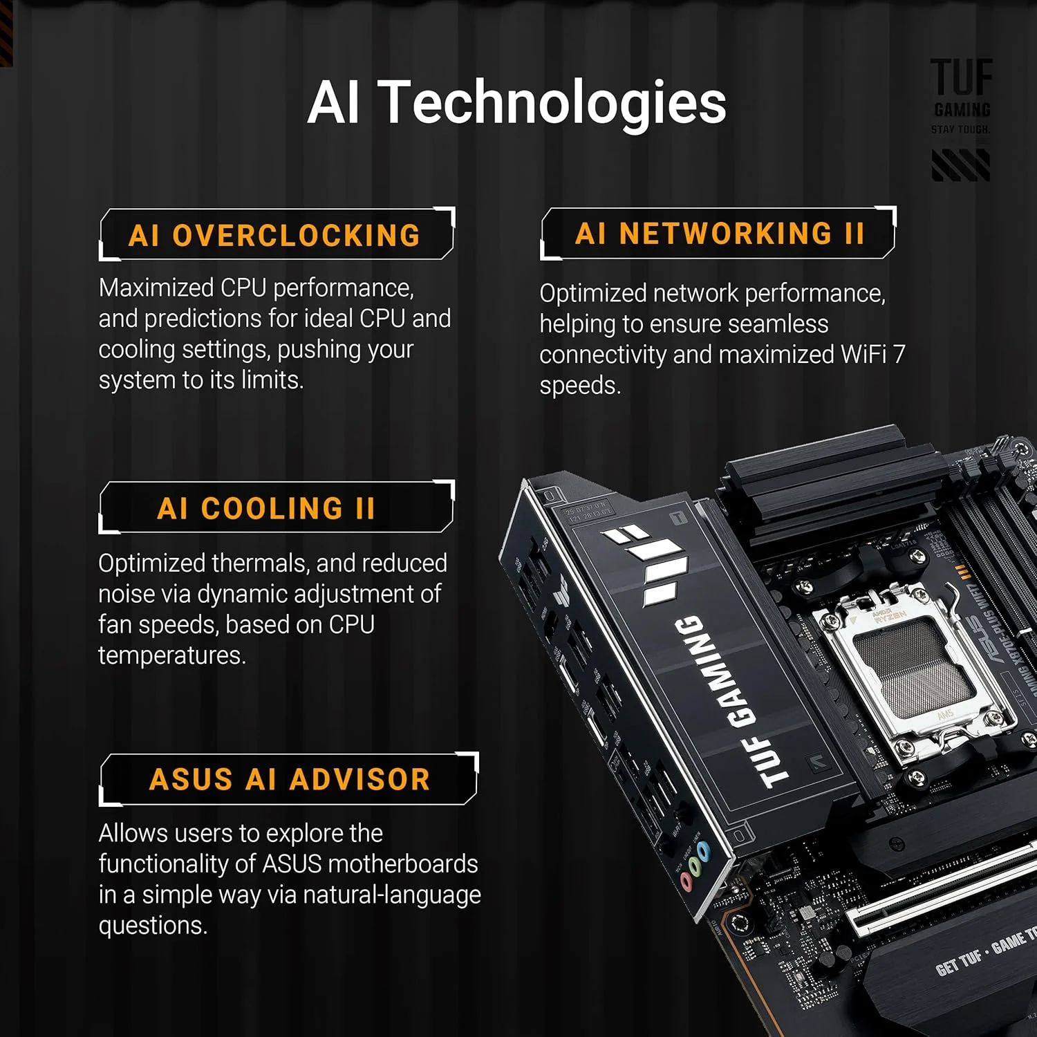 مادربرد گیمینگ TUF X870E-PLUS WIFI7 AMD X870E ATX با 16+2+1 فاز قدرت 80 آمپری، پشتیبانی از DDR5 با AEMP، PCIe 5.0 x16 با PCIe Slot Q-Release Slim، چهار اسلات M.2، WiFi 7 با آنتن ASUS WiFi Q