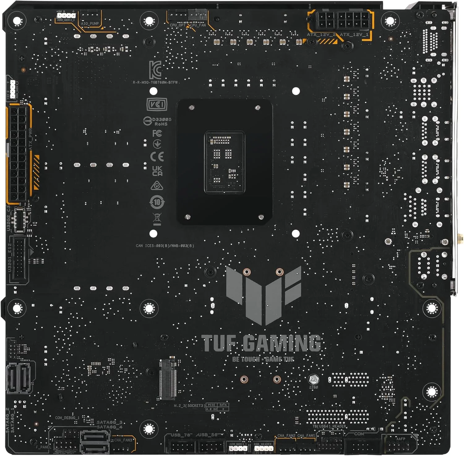 مادربرد TUF GAMING B760M-BTF WIFI Intel B760 (LGA 1700) mATX با DDR5، PCIe 5.0، 3 اسلات PCIe 4.0 M.2، 12+1 DrMOS، Wi-Fi 6، LAN 2.5Gb، DP، HDMI، USB 3.2 Gen 2x2 Type-C، طراحی کانکتور مخفی