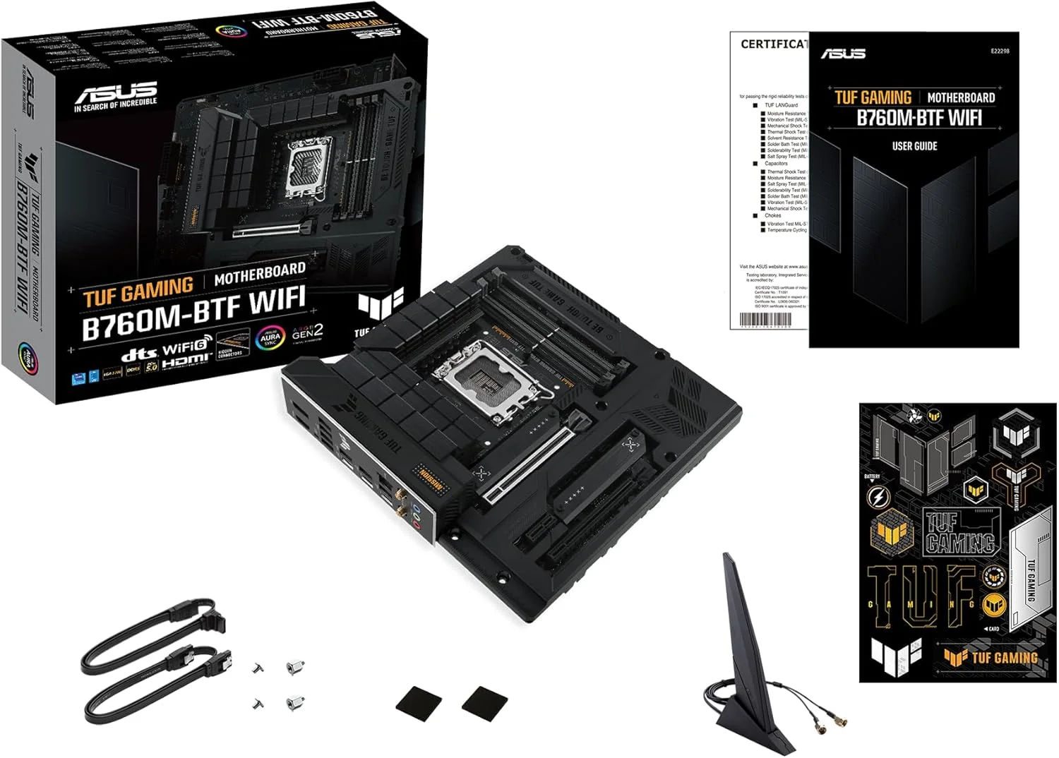 مادربرد TUF GAMING B760M-BTF WIFI Intel B760 (LGA 1700) mATX با DDR5، PCIe 5.0، 3 اسلات PCIe 4.0 M.2، 12+1 DrMOS، Wi-Fi 6، LAN 2.5Gb، DP، HDMI، USB 3.2 Gen 2x2 Type-C، طراحی کانکتور مخفی