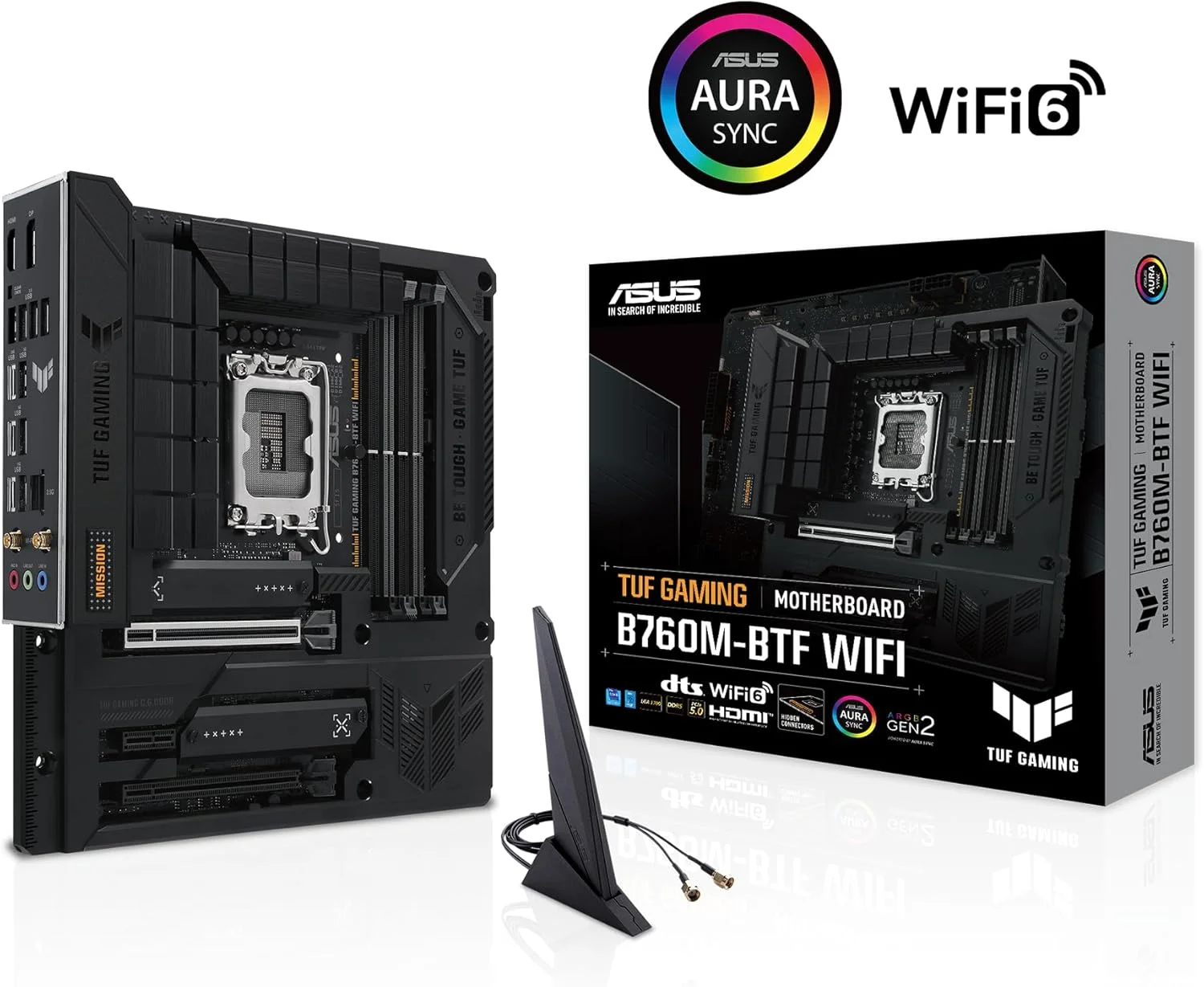 مادربرد TUF GAMING B760M-BTF WIFI Intel B760 (LGA 1700) mATX با DDR5، PCIe 5.0، 3 اسلات PCIe 4.0 M.2، 12+1 DrMOS، Wi-Fi 6، LAN 2.5Gb، DP، HDMI، USB 3.2 Gen 2x2 Type-C، طراحی کانکتور مخفی