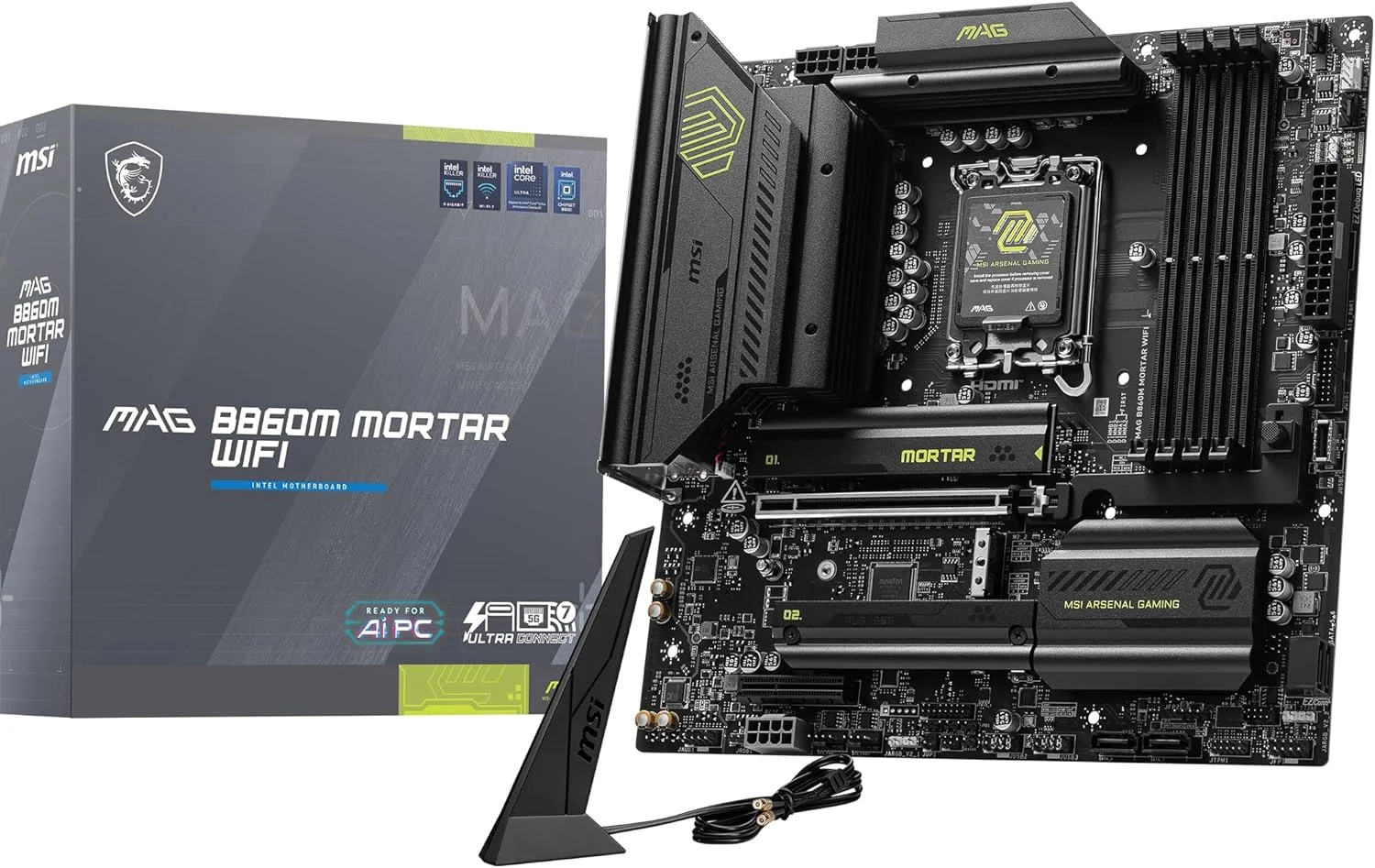 مادربرد MSI MAG B860M MORTAR WIFI mATX: سوکت پردازنده LGA 1851، چیپست Intel B860، پورت Thunderbolt 4، Wi-Fi 7، 4x DDR5 UDIMM، 3x M.2، Intel Killer E5000 5Gbps LAN - مشکی