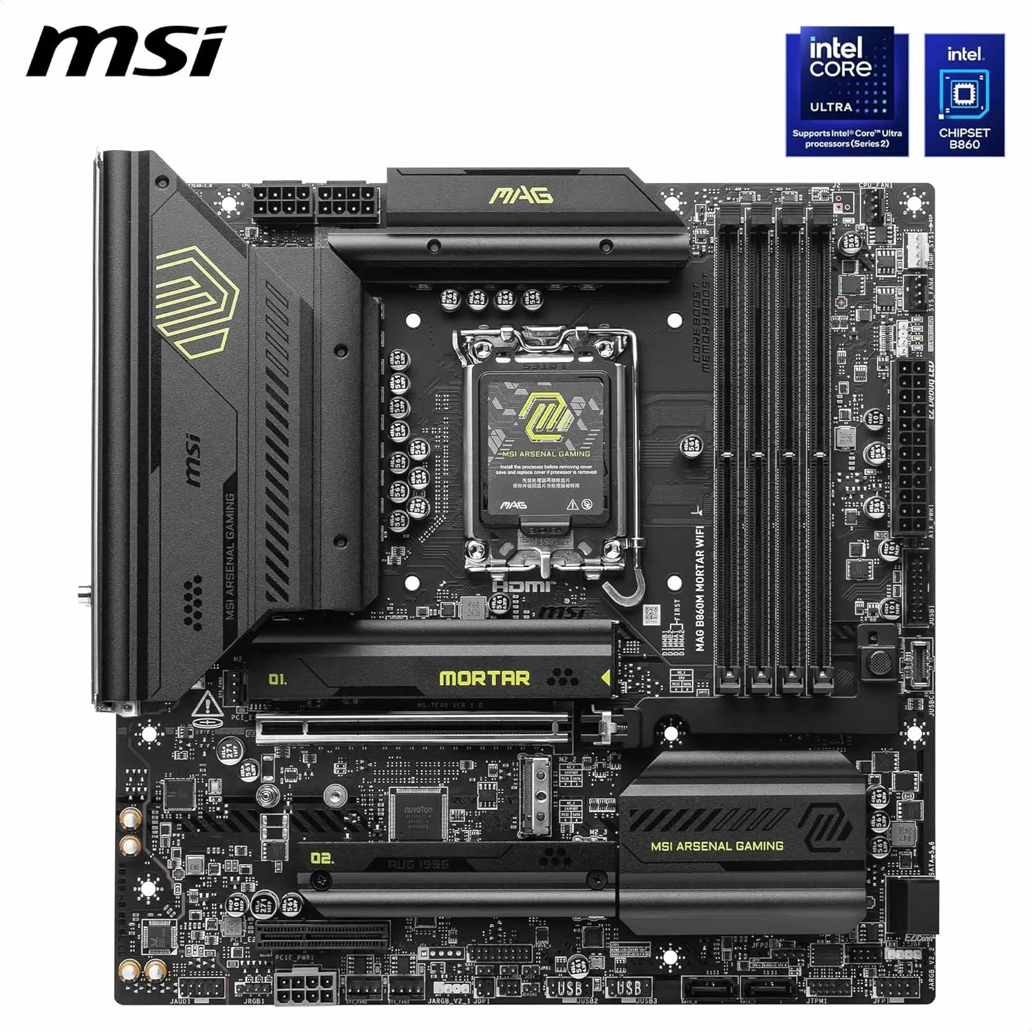 مادربرد MAG B860M Mortar WiFi، mATX - پشتیبانی از پردازنده های Intel Core Ultra (سری 2)، LGA 1851 - تقویت حافظه DDR5 9200+ MT/s OC، 1 x PCIe 5.0 x16، 1 x M.2 Gen5، 5G LAN، Wi-Fi 7