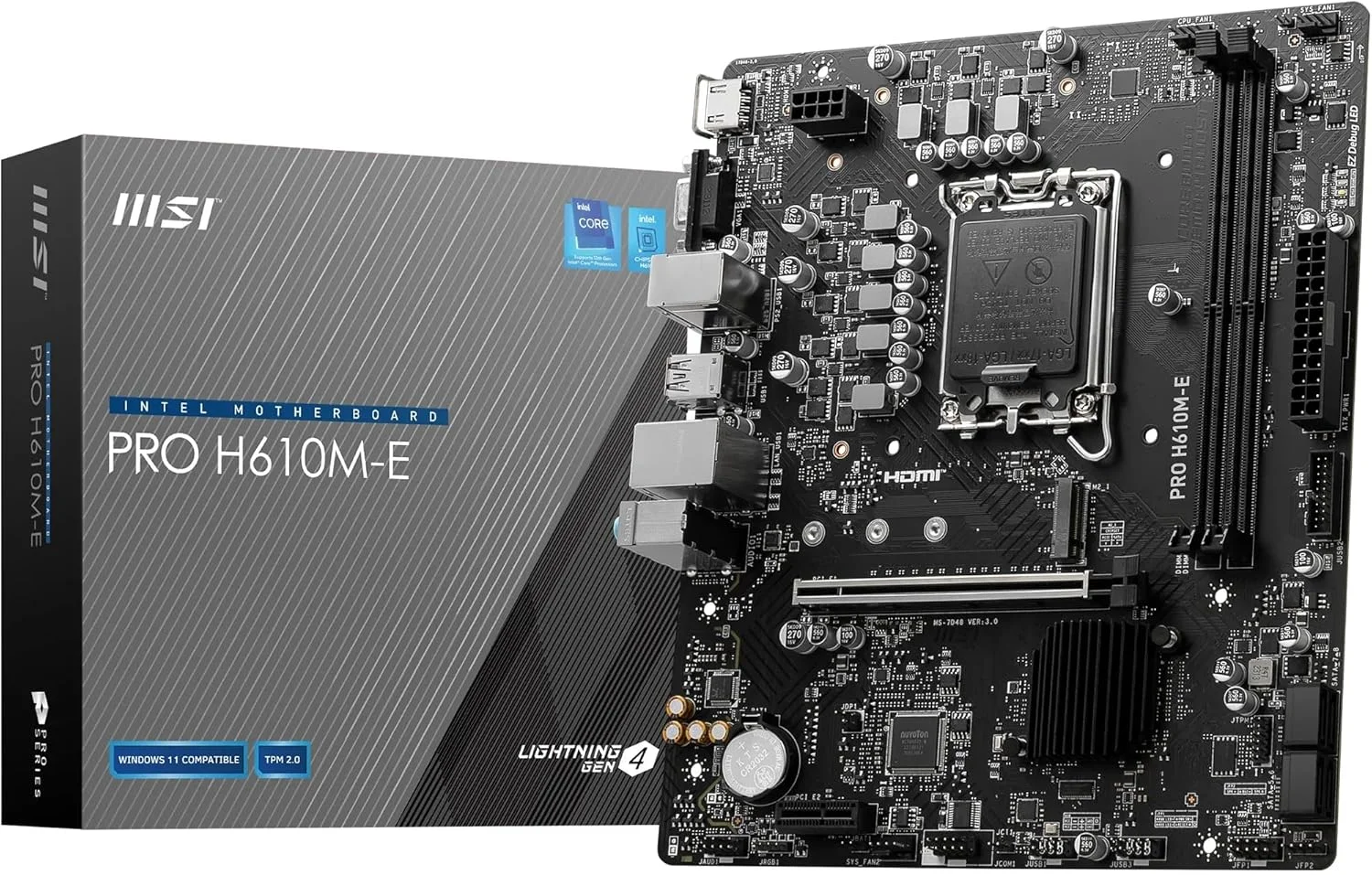 مادربرد MSI PRO H610M-E mATX: سوکت پردازنده LGA 1700، 2x DDR5، راه حل Lightning Gen4، شبکه Realtek RTL8111H Gigabit LAN، 1x اسلات M.2 Gen3 x4 32Gbps، EZ Debug LED - مشکی