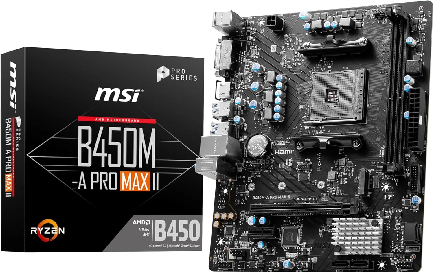 مادربرد MSI B450M-A Pro Max II Micro ATX برای پردازنده های AMD Ryzen سری 5000، 4000، 3000، 2000، 1000، سوکت AM4، پشتیبانی از حافظه DDR4 با فرکانس 4133+ مگاهرتز (OC)، اسلات PCIe 3.0 x16، M.2 Gen3 و LAN 2.5G