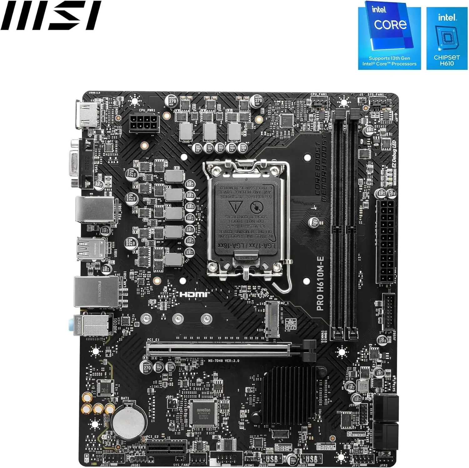 مادربرد MSI PRO H610M-E mATX: سوکت پردازنده LGA 1700، 2x DDR5، راه حل Lightning Gen4، شبکه Realtek RTL8111H Gigabit LAN، 1x اسلات M.2 Gen3 x4 32Gbps، EZ Debug LED - مشکی مادربرد MSI PRO H610M-E mATX: سوکت پردازنده LGA 1700، 2x DDR5، راه حل Lightning Gen4، شبکه Realtek RTL8111H Gigabit LAN، 1x اسلات M.2 Gen3 x4 32Gbps، EZ Debug LED - مشکی