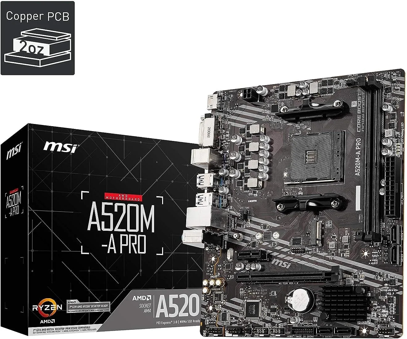 مادربرد گیمینگ MSI A520M-A PRO (AMD Ryzen 5000, AM4, DDR4, PCIe 3.0, SATA 6Gb/s, M.2, USB 3.2 Gen 1, DVI/HDMI, Micro-ATX)