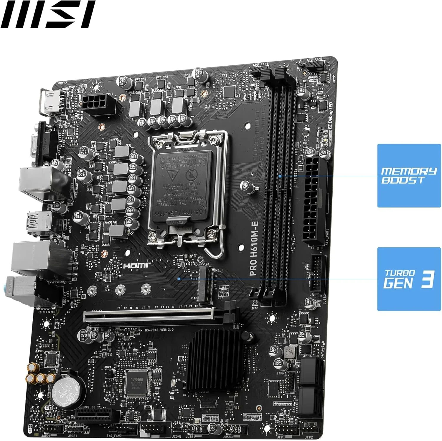 مادربرد MSI PRO H610M-E mATX: سوکت پردازنده LGA 1700، 2x DDR5، راه حل Lightning Gen4، شبکه Realtek RTL8111H Gigabit LAN، 1x اسلات M.2 Gen3 x4 32Gbps، EZ Debug LED - مشکی مادربرد MSI PRO H610M-E mATX: سوکت پردازنده LGA 1700، 2x DDR5، راه حل Lightning Gen4، شبکه Realtek RTL8111H Gigabit LAN، 1x اسلات M.2 Gen3 x4 32Gbps، EZ Debug LED - مشکی