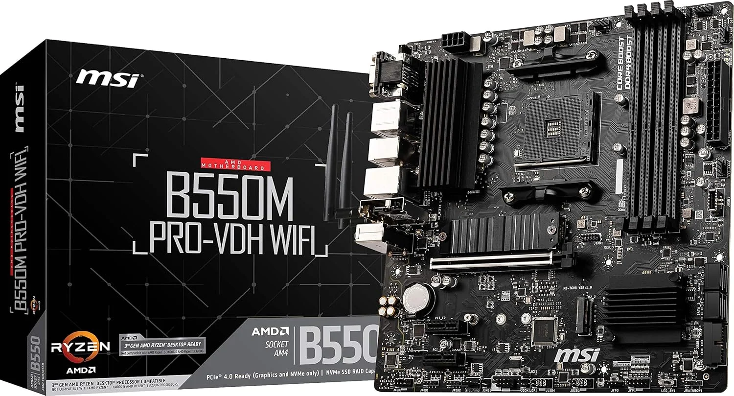 مادربرد MSI B550M PRO-VDH WiFi ProSeries (AMD AM4, DDR4, PCIe 4.0, SATA 6Gb/s, M.2, USB 3.2 Gen 1, Wi-Fi, D-SUB/HDMI/DP, Micro-ATX)