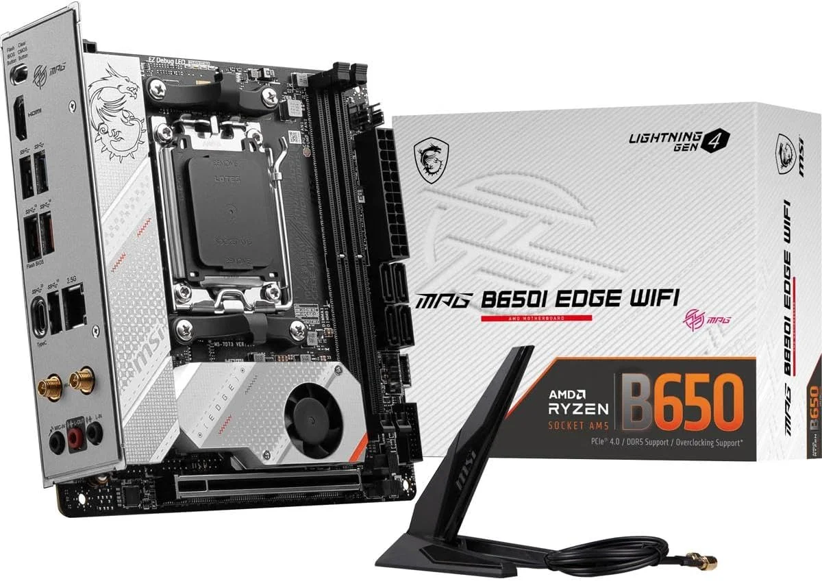 مادربرد گیمینگ MSI MPG B650I Edge WiFi (AMD AM5، Mini-ITX، DDR5، PCIe 4.0، M.2، SATA 6Gb/s، USB 3.2 Gen 2، HDMI، Wi-Fi 6E، پردازنده های دسکتاپ سری AMD Ryzen 7000)