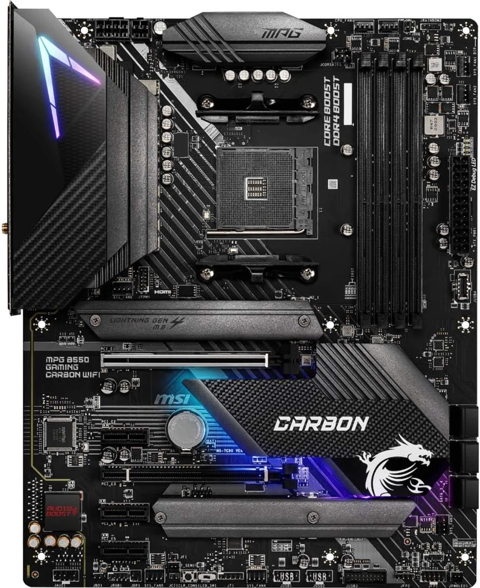 مادربرد گیمینگ MSI MPG B550 GAMING CARBON WIFI (AMD AM4, DDR4, PCIe 4.0, SATA 6Gb/s, Dual M.2, USB 3.2 Gen 2, HDMI/DP, Wi-Fi 6 AX, ATX, پردازنده های AMD Ryzen سری 5000)