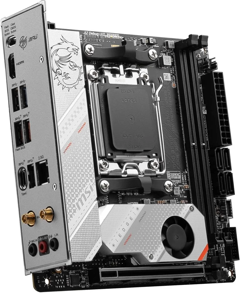 مادربرد گیمینگ MSI MPG B650I Edge WiFi (AMD AM5، Mini-ITX، DDR5، PCIe 4.0، M.2، SATA 6Gb/s، USB 3.2 Gen 2، HDMI، Wi-Fi 6E، پردازنده های دسکتاپ سری AMD Ryzen 7000) مادربرد گیمینگ MSI MPG B650I Edge WiFi (AMD AM5، Mini-ITX، DDR5، PCIe 4.0، M.2، SATA 6Gb/s، USB 3.2 Gen 2، HDMI، Wi-Fi 6E، پردازنده های دسکتاپ سری AMD Ryzen 7000)