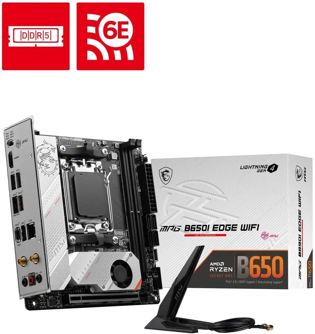 مادربرد گیمینگ MSI MPG B650I Edge WiFi (AMD AM5، Mini-ITX، DDR5، PCIe 4.0، M.2، SATA 6Gb/s، USB 3.2 Gen 2، HDMI، Wi-Fi 6E، پردازنده های دسکتاپ سری AMD Ryzen 7000) مادربرد گیمینگ MSI MPG B650I Edge WiFi (AMD AM5، Mini-ITX، DDR5، PCIe 4.0، M.2، SATA 6Gb/s، USB 3.2 Gen 2، HDMI، Wi-Fi 6E، پردازنده های دسکتاپ سری AMD Ryzen 7000)