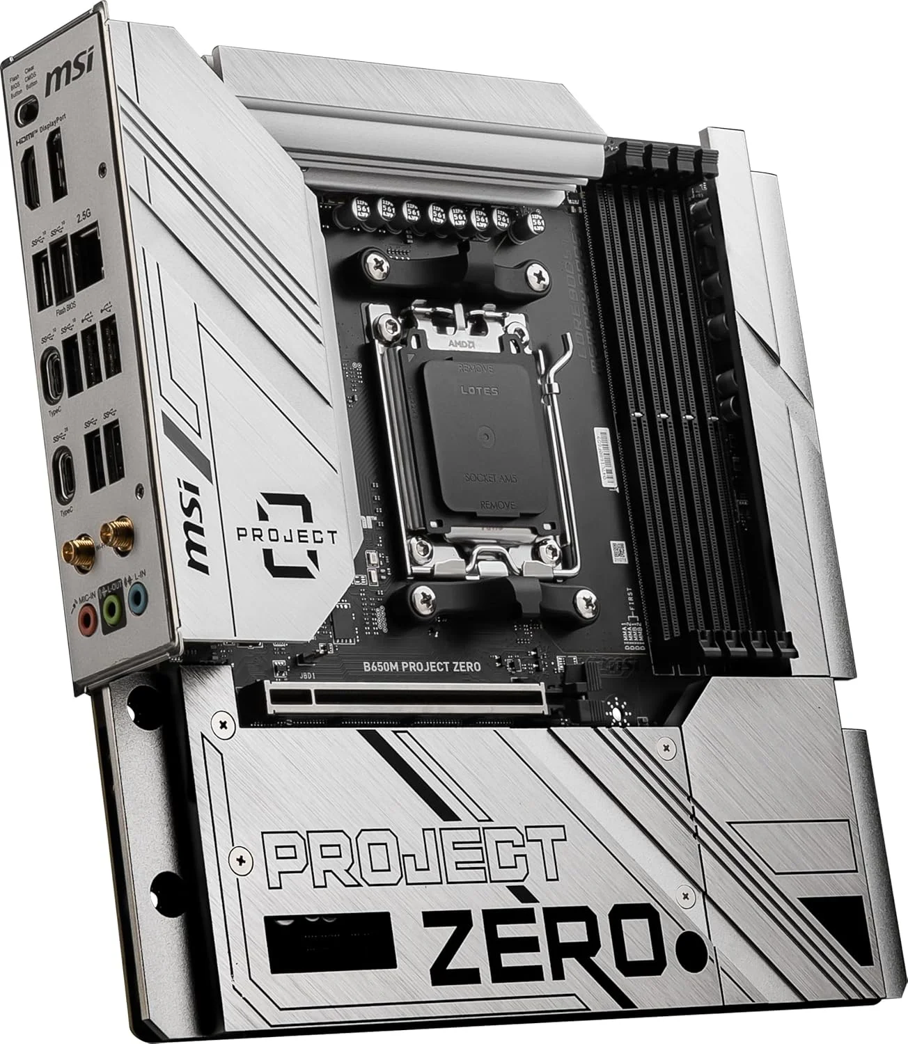 مادربرد گیمینگ MSI B650M Project Zero (پشتیبانی از پردازنده های AMD Ryzen 7000 Series، AM5، DDR5، PCIe 4.0، اسلات های M.2، SATA 6Gb/s، USB 3.2 Gen 2، HDMI/DP، Wi-Fi 6E، LAN 2.5Gbps، mATX) مادربرد گیمینگ MSI B650M Project Zero (پشتیبانی از پردازنده های AMD Ryzen 7000 Series، AM5، DDR5، PCIe 4.0، اسلات های M.2، SATA 6Gb/s، USB 3.2 Gen 2، HDMI/DP، Wi-Fi 6E، LAN 2.5Gbps، mATX)