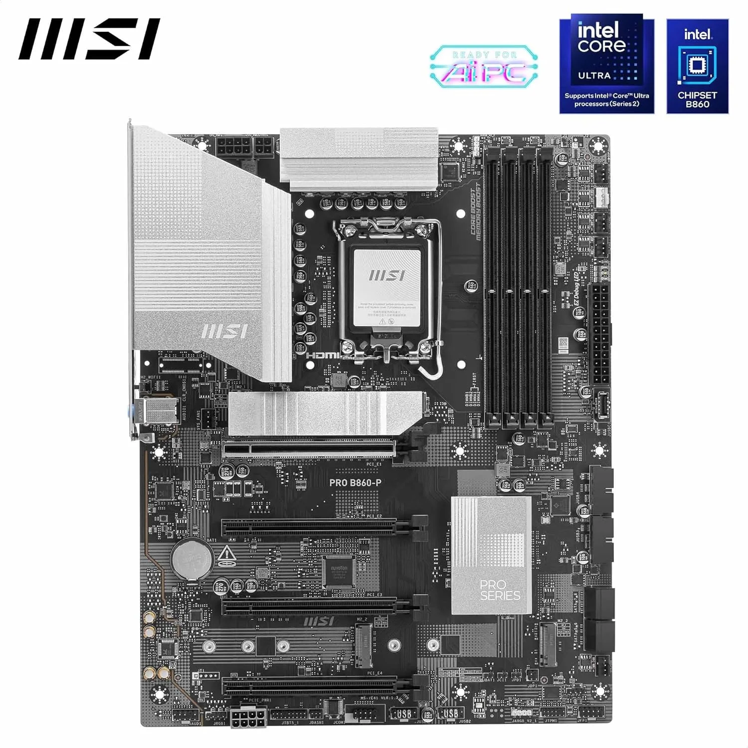مادربرد MSI PRO B860-P WiFi ProSeries (پشتیبانی از پردازنده های Intel Core Ultra سری 2، LGA 1850، DDR5، PCIe 5.0، M.2، LAN 2.5Gbps، USB 3.2 Gen2، HDMI/DP، Wi-Fi 6E، بلوتوث 5.3، ATX)