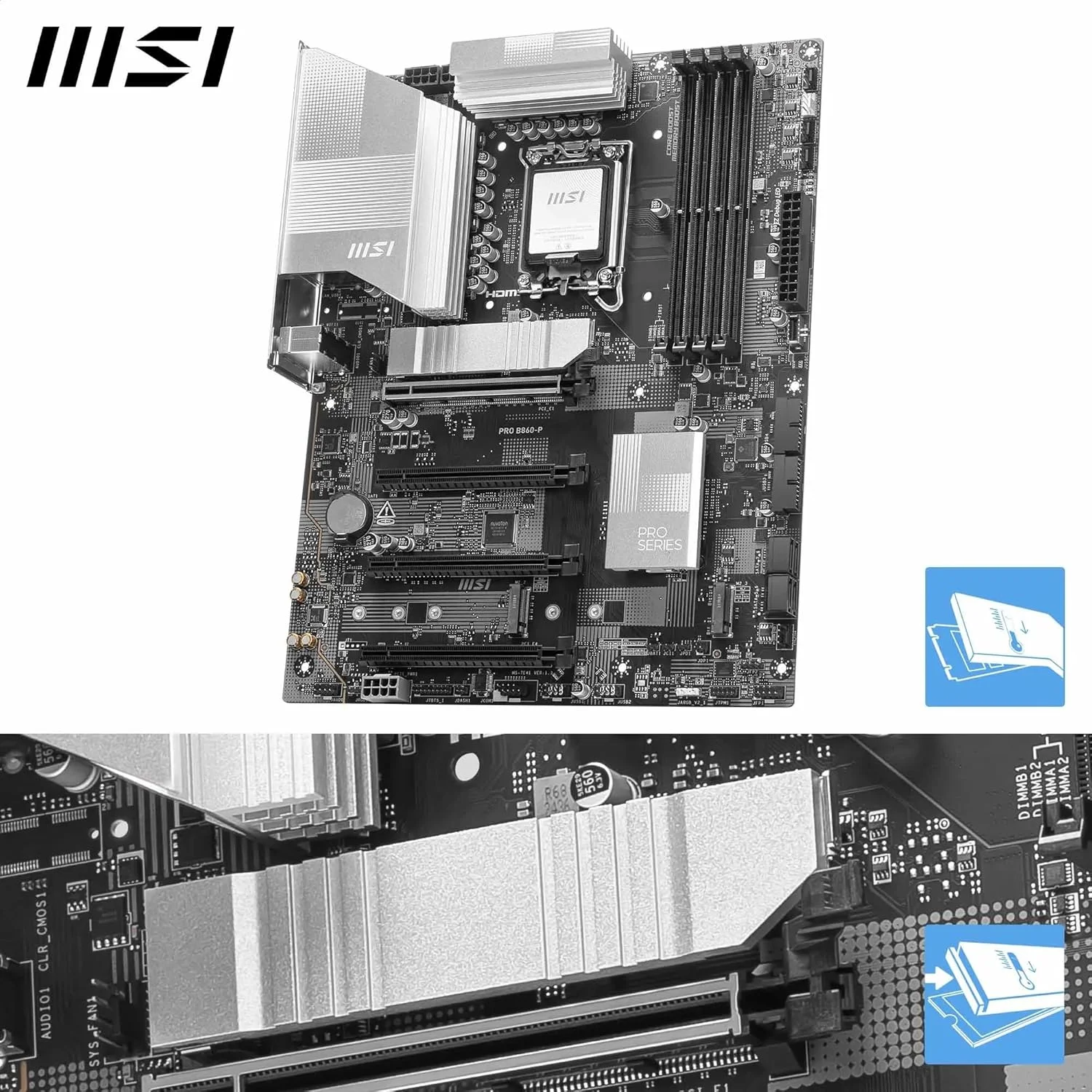 مادربرد MSI PRO B860-P WiFi ProSeries (پشتیبانی از پردازنده های Intel Core Ultra سری 2، LGA 1850، DDR5، PCIe 5.0، M.2، LAN 2.5Gbps، USB 3.2 Gen2، HDMI/DP، Wi-Fi 6E، بلوتوث 5.3، ATX)