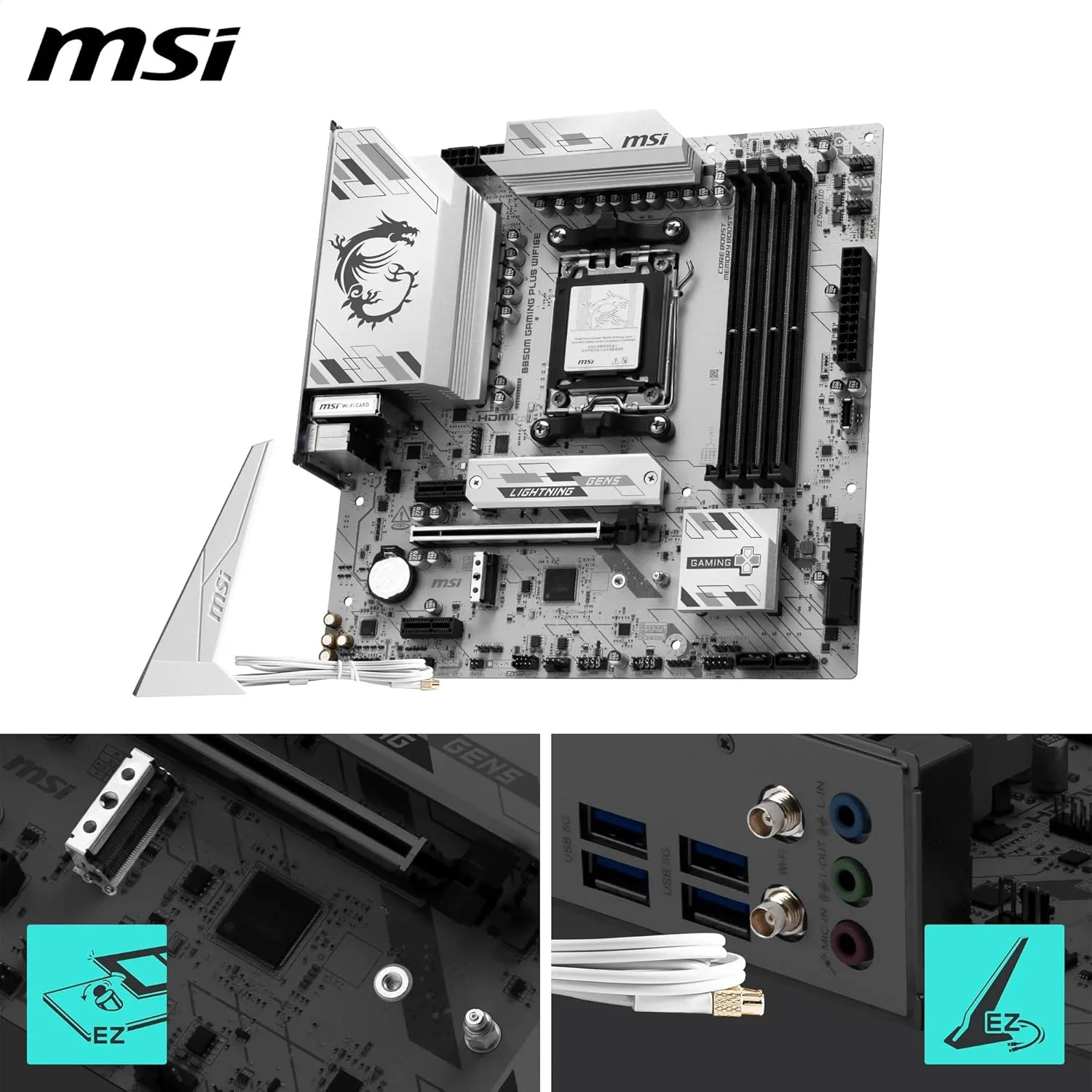 مادربرد MSI B850M GAMING PLUS WIFI6E، mATX - پشتیبانی از پردازنده های AMD Ryzen 9000/8000/7000، سوکت AM5 - تقویت حافظه DDR5 تا 8200+ MT/s (OC)، PCIe 4.0 x16، M.2 Gen5، Wi-Fi 6E، LAN 2.5G مادربرد MSI B850M GAMING PLUS WIFI6E، mATX - پشتیبانی از پردازنده های AMD Ryzen 9000/8000/7000، سوکت AM5 - تقویت حافظه DDR5 تا 8200+ MT/s (OC)، PCIe 4.0 x16، M.2 Gen5، Wi-Fi 6E، LAN 2.5G