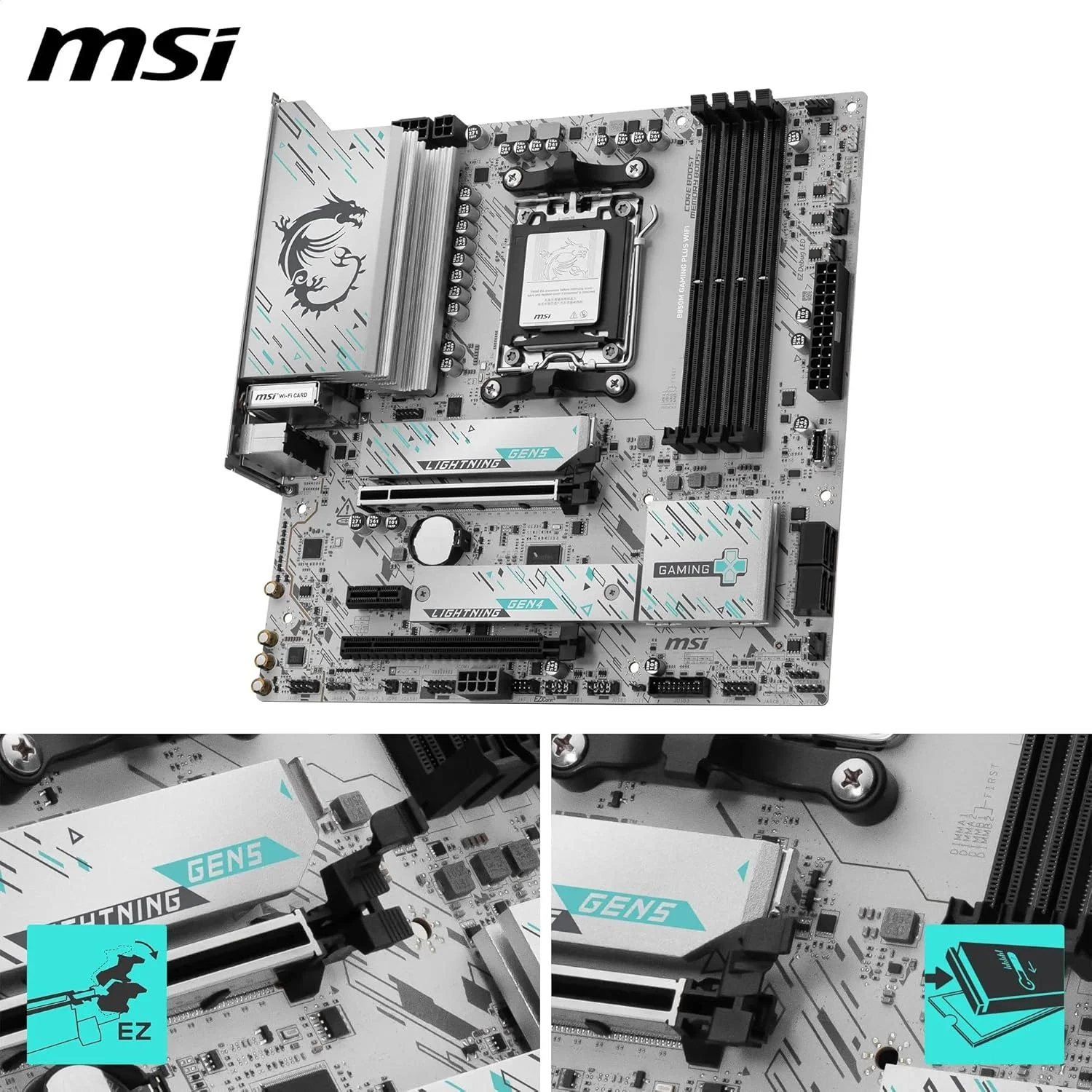 مادربرد MSI B850M GAMING PLUS WIFI، mATX - پشتیبانی از پردازنده های AMD Ryzen 9000/8000 / 7000، AM5 - تقویت حافظه DDR5 8200+ MT/s (OC)، PCIe 5.0 x16 & 4.0 x4، M.2 Gen5، Wi-Fi 7، 5G LAN مادربرد MSI B850M GAMING PLUS WIFI، mATX - پشتیبانی از پردازنده های AMD Ryzen 9000/8000 / 7000، AM5 - تقویت حافظه DDR5 8200+ MT/s (OC)، PCIe 5.0 x16 & 4.0 x4، M.2 Gen5، Wi-Fi 7، 5G LAN