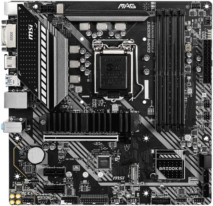 مادربرد گیمینگ MSI MAG B460M Bazooka، mATX، نسل دهم پردازنده Intel Core، سوکت LGA 1200، DDR4، دو اسلات M.2، USB 3.2 Gen 1، LAN 2.5G، DVI/HDMI مادربرد گیمینگ MSI MAG B460M Bazooka، mATX، نسل دهم پردازنده Intel Core، سوکت LGA 1200، DDR4، دو اسلات M.2، USB 3.2 Gen 1، LAN 2.5G، DVI/HDMI