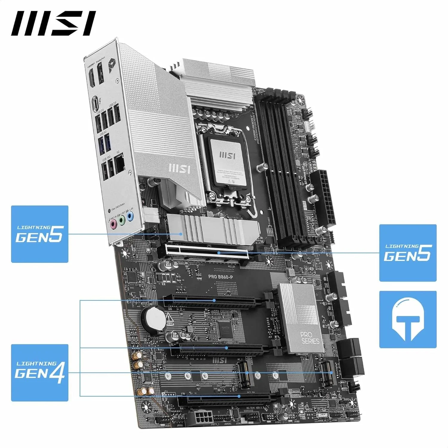 مادربرد MSI PRO B860-P WiFi ProSeries (پشتیبانی از پردازنده های Intel Core Ultra سری 2، LGA 1850، DDR5، PCIe 5.0، M.2، LAN 2.5Gbps، USB 3.2 Gen2، HDMI/DP، Wi-Fi 6E، بلوتوث 5.3، ATX)