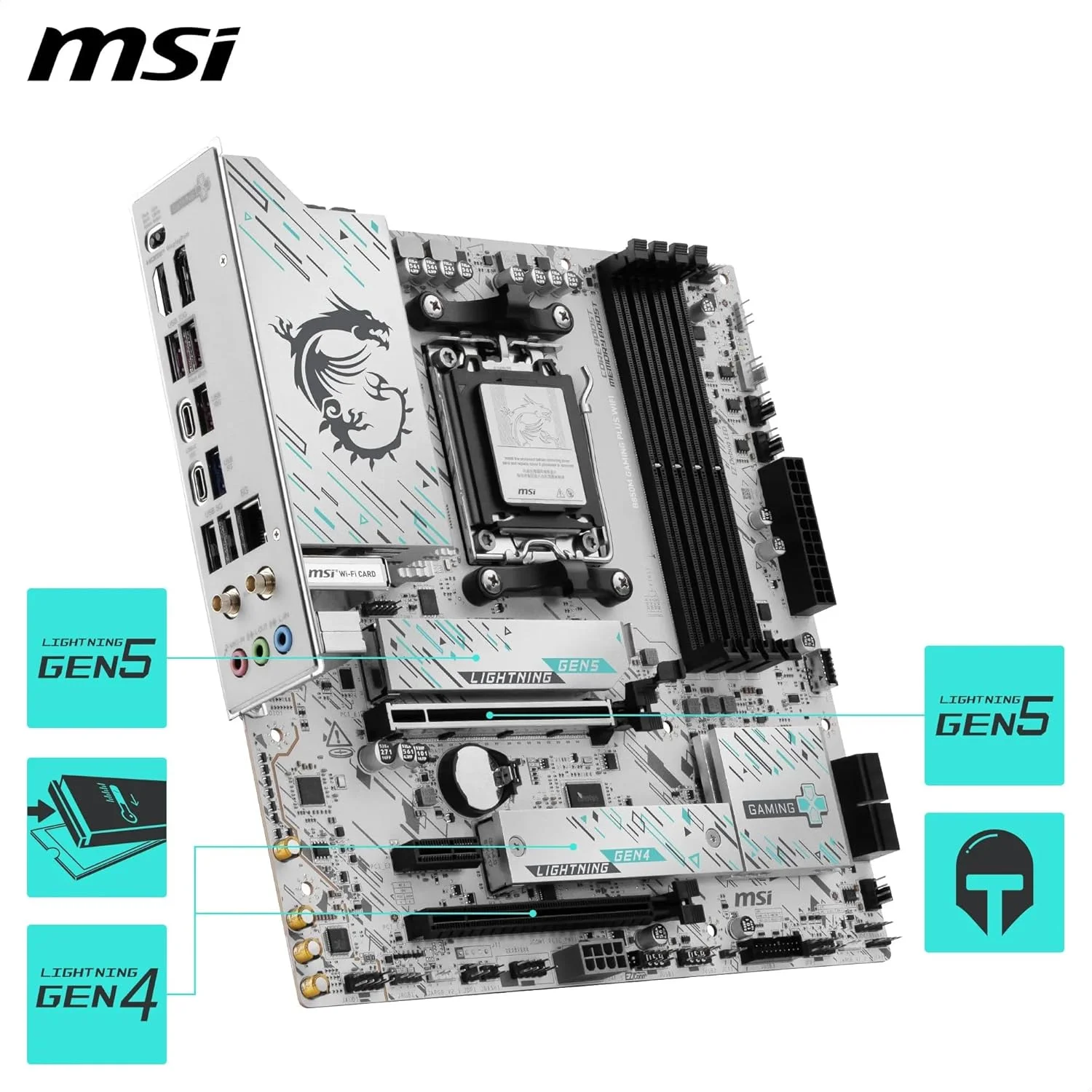 مادربرد MSI B850M GAMING PLUS WIFI، mATX - پشتیبانی از پردازنده های AMD Ryzen 9000/8000 / 7000، AM5 - تقویت حافظه DDR5 8200+ MT/s (OC)، PCIe 5.0 x16 & 4.0 x4، M.2 Gen5، Wi-Fi 7، 5G LAN مادربرد MSI B850M GAMING PLUS WIFI، mATX - پشتیبانی از پردازنده های AMD Ryzen 9000/8000 / 7000، AM5 - تقویت حافظه DDR5 8200+ MT/s (OC)، PCIe 5.0 x16 & 4.0 x4، M.2 Gen5، Wi-Fi 7، 5G LAN