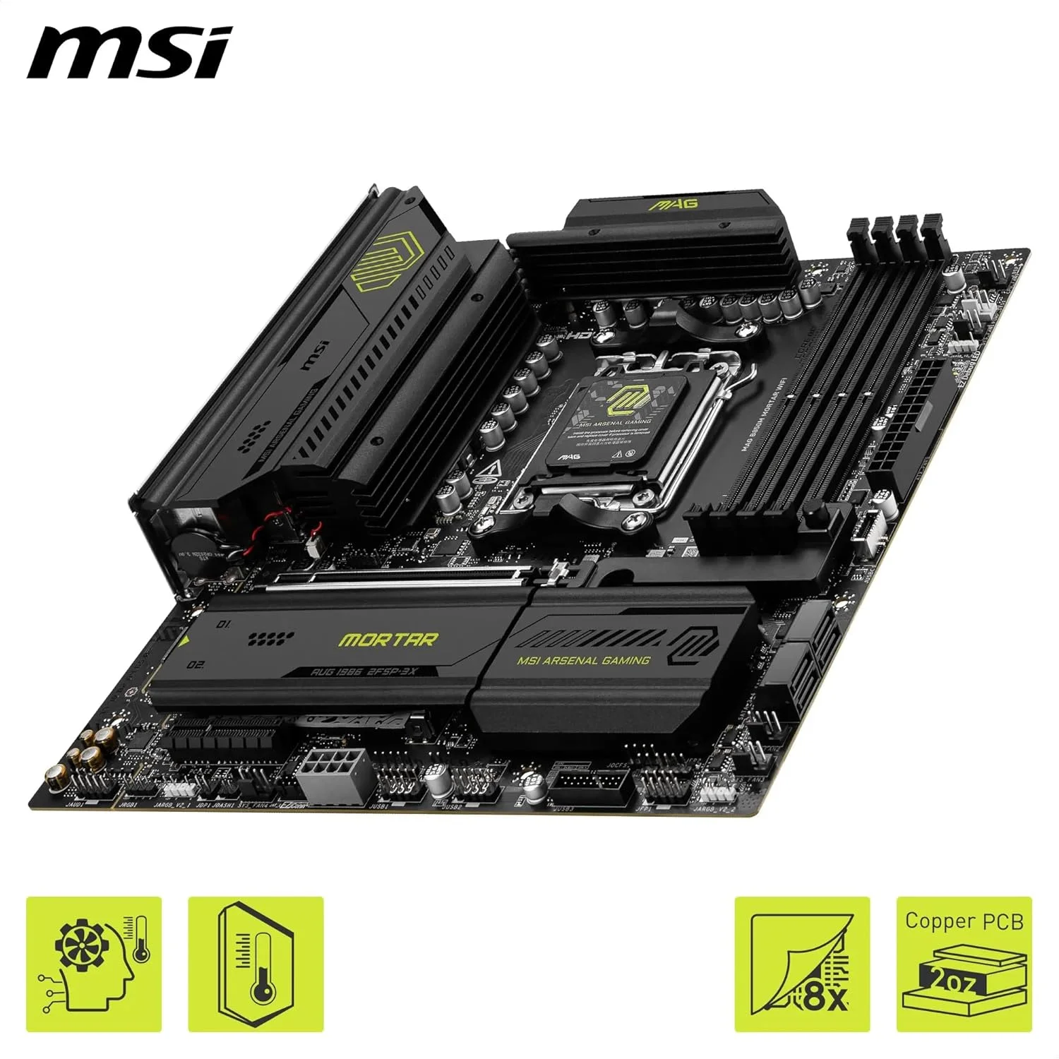 مادربرد MSI MAG B850M Mortar WiFi، mATX - پشتیبانی از پردازنده های AMD Ryzen 9000/8000/7000، AM5-60A SPS VRM، تقویت حافظه DDR5 8200+ MT/s (OC)، PCIe 5.0 x16، M.2 Gen5، Wi-Fi 7، 5G LAN